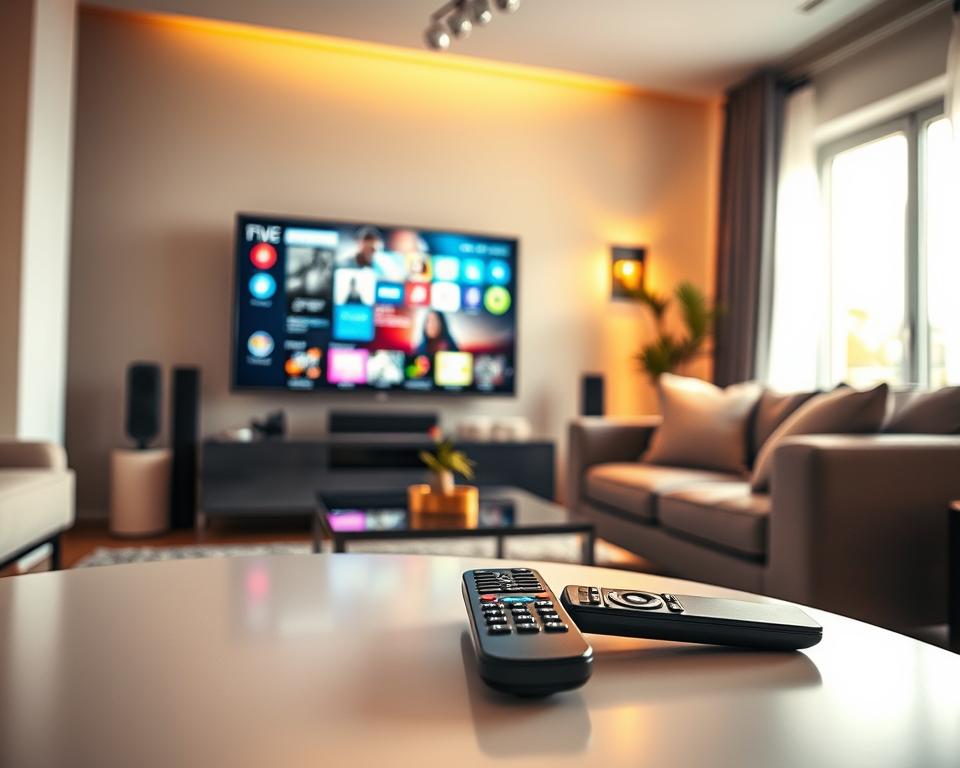 A modern living room showcasing a high-definition television displaying a vibrant IPTV interface, surrounded by comfortable furniture like a sleek sofa and a stylish coffee table. In the foreground, an elegant remote control lies on the table, symbolizing user engagement with the IPTV service. The middle ground features a cozy atmosphere with warm lighting illuminating the room softly, enhancing the feeling of relaxation. In the background, a window reveals a bright day, with light streaming in, creating a dynamic contrast against the cozy indoor setting. The overall mood is inviting and contemporary, emphasizing the convenience of IPTV subscriptions in a modern French household. A modern living room showcasing a high-definition television displaying a vibrant IPTV interface, surrounded by comfortable furniture like a sleek sofa and a stylish coffee table. In the foreground, an elegant remote control lies on the table, symbolizing user engagement with the IPTV service. The middle ground features a cozy atmosphere with warm lighting illuminating the room softly, enhancing the feeling of relaxation. In the background, a window reveals a bright day, with light streaming in, creating a dynamic contrast against the cozy indoor setting. The overall mood is inviting and contemporary, emphasizing the convenience of IPTV subscriptions in a modern French household.