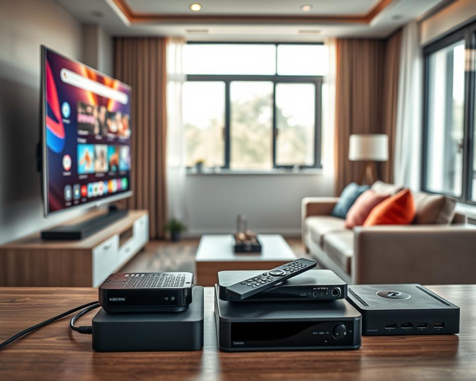 A modern living room showcasing the universal compatibility of IPTV devices. In the foreground, a sleek smart TV displays a vibrant home screen with various streaming icons. A stylish media console beneath the TV holds a range of devices, including a set-top box, a gaming console, and a streaming device, all connected with HDMI cables. In the middle, a cozy sofa adorned with colorful cushions faces the TV, with a remote control resting on the arm. The background features a window with natural light streaming in, illuminating the room and creating a warm atmosphere. The overall mood is tech-savvy and inviting, emphasizing the seamless integration of technology into everyday life. The scene is framed with a slight depth of field to draw attention to the devices and their compatibility. A modern living room showcasing the universal compatibility of IPTV devices. In the foreground, a sleek smart TV displays a vibrant home screen with various streaming icons. A stylish media console beneath the TV holds a range of devices, including a set-top box, a gaming console, and a streaming device, all connected with HDMI cables. In the middle, a cozy sofa adorned with colorful cushions faces the TV, with a remote control resting on the arm. The background features a window with natural light streaming in, illuminating the room and creating a warm atmosphere. The overall mood is tech-savvy and inviting, emphasizing the seamless integration of technology into everyday life. The scene is framed with a slight depth of field to draw attention to the devices and their compatibility.