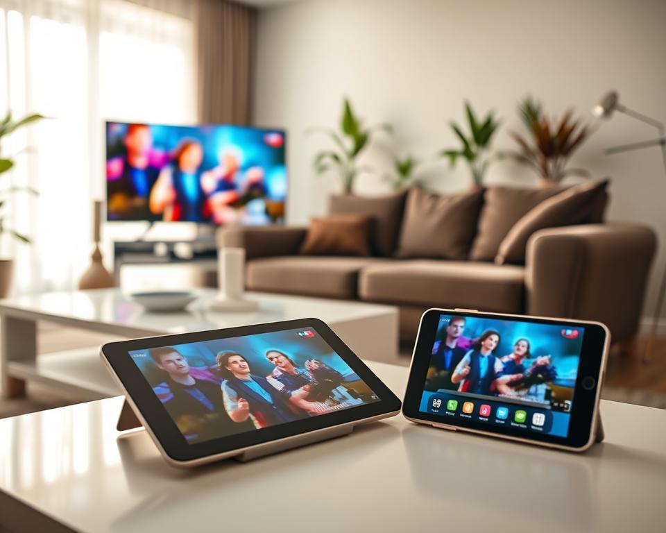 A modern living room showcasing various devices compatible with IPTV technology, including a smart TV, tablet, and smartphone, all streaming the same content. In the foreground, the smart TV displays a vibrant scene from a popular show. The tablet and smartphone are shown on a stylish coffee table, featuring a close-up of their screens with similar streaming action. The middle of the scene includes a comfortable couch set against a bright window, with soft natural light illuminating the room. In the background, decorative plants add a touch of greenery, enhancing the cozy atmosphere. The overall mood is relaxed and inviting, emphasizing connectivity and technological compatibility. Use a wide-angle lens to capture the entire space, ensuring clarity and warmth in the lighting. A modern living room showcasing various devices compatible with IPTV technology, including a smart TV, tablet, and smartphone, all streaming the same content. In the foreground, the smart TV displays a vibrant scene from a popular show. The tablet and smartphone are shown on a stylish coffee table, featuring a close-up of their screens with similar streaming action. The middle of the scene includes a comfortable couch set against a bright window, with soft natural light illuminating the room. In the background, decorative plants add a touch of greenery, enhancing the cozy atmosphere. The overall mood is relaxed and inviting, emphasizing connectivity and technological compatibility. Use a wide-angle lens to capture the entire space, ensuring clarity and warmth in the lighting.