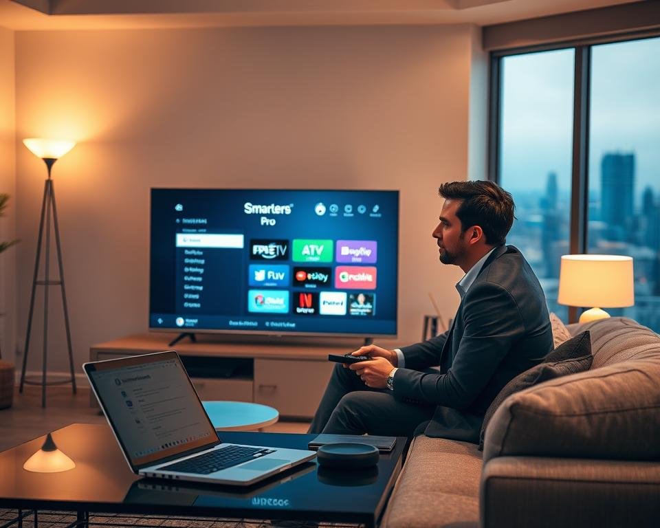 A modern living room with a sleek, flat-screen TV displaying the Smarters Pro IPTV application interface. In the foreground, a professional-looking person in business casual attire is sitting comfortably on a stylish couch, holding a remote and looking engaged. The middle layer features a coffee table with a laptop open, showing the Smarters Pro installation process. The background includes soft ambient lighting from floor lamps and large windows with a subtle view of a city skyline, creating a calming atmosphere. The lighting is warm and inviting, and the angle is slightly elevated to capture both the individual and the tech components clearly. The overall mood conveys efficiency and modernity in technology setup. A modern living room with a sleek, flat-screen TV displaying the Smarters Pro IPTV application interface. In the foreground, a professional-looking person in business casual attire is sitting comfortably on a stylish couch, holding a remote and looking engaged. The middle layer features a coffee table with a laptop open, showing the Smarters Pro installation process. The background includes soft ambient lighting from floor lamps and large windows with a subtle view of a city skyline, creating a calming atmosphere. The lighting is warm and inviting, and the angle is slightly elevated to capture both the individual and the tech components clearly. The overall mood conveys efficiency and modernity in technology setup.