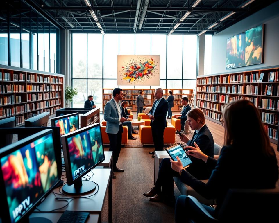 A modern multimedia library interior brimming with technology and creativity. In the foreground, sleek computer stations with high-resolution screens displaying vibrant IPTV content. The middle ground features a spacious area with comfortable seating arrangements, where professionals in smart business attire are engaged in discussions and viewing content on tablets. The background reveals large glass windows allowing natural light to pour in, highlighting bookshelves filled with multimedia resources. Soft ambient lighting enhances the inviting atmosphere, while an abstract digital art piece on the wall adds a contemporary touch. Capture the scene with a wide-angle lens to emphasize the openness and modernity of the space, creating a dynamic and inspiring environment. A modern multimedia library interior brimming with technology and creativity. In the foreground, sleek computer stations with high-resolution screens displaying vibrant IPTV content. The middle ground features a spacious area with comfortable seating arrangements, where professionals in smart business attire are engaged in discussions and viewing content on tablets. The background reveals large glass windows allowing natural light to pour in, highlighting bookshelves filled with multimedia resources. Soft ambient lighting enhances the inviting atmosphere, while an abstract digital art piece on the wall adds a contemporary touch. Capture the scene with a wide-angle lens to emphasize the openness and modernity of the space, creating a dynamic and inspiring environment.