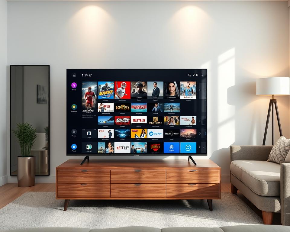 A modern navigation interface application for streaming IPTV, featuring a sleek and user-friendly design displayed on a large Smart TV screen in an elegant living room setting. The foreground shows a dynamic interface with vivid thumbnails for various channels, including sports, movies, and series, arranged in a visually appealing grid layout. In the middle, the TV is centered on a stylish wooden TV stand, surrounded by minimalistic décor, with a subtle reflection on the TV screen to enhance realism. The background highlights soft ambient lighting from modern lamps and a cozy couch, creating an inviting atmosphere. The overall mood conveys a sense of ease and enjoyment in daily entertainment use, captured from a slightly angled perspective to showcase both the TV and the interface effectively. A modern navigation interface application for streaming IPTV, featuring a sleek and user-friendly design displayed on a large Smart TV screen in an elegant living room setting. The foreground shows a dynamic interface with vivid thumbnails for various channels, including sports, movies, and series, arranged in a visually appealing grid layout. In the middle, the TV is centered on a stylish wooden TV stand, surrounded by minimalistic décor, with a subtle reflection on the TV screen to enhance realism. The background highlights soft ambient lighting from modern lamps and a cozy couch, creating an inviting atmosphere. The overall mood conveys a sense of ease and enjoyment in daily entertainment use, captured from a slightly angled perspective to showcase both the TV and the interface effectively.