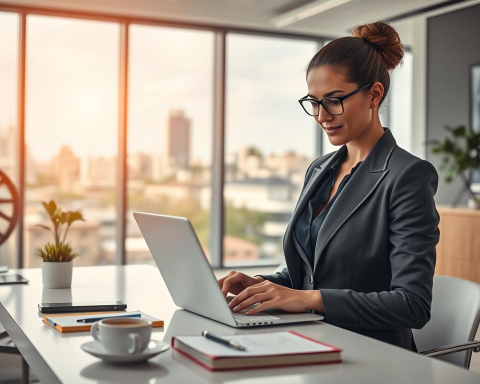 A modern office environment illustrating the "Processus de commande" for IPTV services in France. In the foreground, a confident professional woman in smart business attire is looking at a sleek laptop, showcasing the ordering interface on the screen with colorful IPTV channel options. In the middle ground, a stylish desk with notepads, a smartphone, and a cup of coffee adds to the busy yet organized atmosphere. The background features a large window displaying a scenic urban landscape, with soft natural light illuminating the scene, creating a welcoming and efficient mood. Capture the setting with a shallow depth of field to emphasize the subject, using a warm color palette to convey a sense of professionalism and approachability. A modern office environment illustrating the "Processus de commande" for IPTV services in France. In the foreground, a confident professional woman in smart business attire is looking at a sleek laptop, showcasing the ordering interface on the screen with colorful IPTV channel options. In the middle ground, a stylish desk with notepads, a smartphone, and a cup of coffee adds to the busy yet organized atmosphere. The background features a large window displaying a scenic urban landscape, with soft natural light illuminating the scene, creating a welcoming and efficient mood. Capture the setting with a shallow depth of field to emphasize the subject, using a warm color palette to convey a sense of professionalism and approachability.