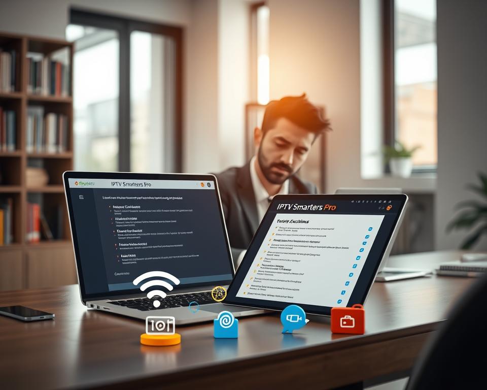 A modern office environment serves as the backdrop, showcasing a sleek desk with a laptop open, displaying IPTV Smarters Pro software. In the foreground, a focused professional in a smart business outfit is examining a list of technical requirements, emphasizing preparation and organization. The middle layer features colorful icons representing network connectivity, a Wi-Fi signal, and entertainment options subtly arranged around the desk. Soft, natural light filters in through a window, creating a warm and inviting atmosphere. A shallow depth of field highlights the professional's concentration while softly blurring the background, which includes a bookshelf filled with tech-related books. The overall mood conveys a sense of readiness and clarity, perfect for setting the tone for a technical activation guide. A modern office environment serves as the backdrop, showcasing a sleek desk with a laptop open, displaying IPTV Smarters Pro software. In the foreground, a focused professional in a smart business outfit is examining a list of technical requirements, emphasizing preparation and organization. The middle layer features colorful icons representing network connectivity, a Wi-Fi signal, and entertainment options subtly arranged around the desk. Soft, natural light filters in through a window, creating a warm and inviting atmosphere. A shallow depth of field highlights the professional's concentration while softly blurring the background, which includes a bookshelf filled with tech-related books. The overall mood conveys a sense of readiness and clarity, perfect for setting the tone for a technical activation guide.
