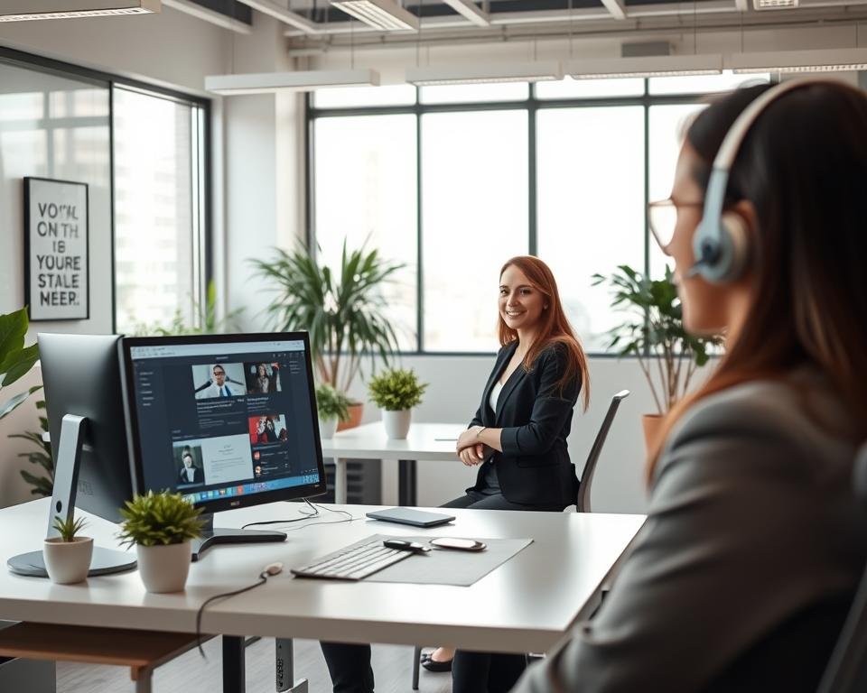 A modern office environment showcasing a professional client assistance scene. In the foreground, a friendly customer support representative, dressed in smart business attire, is engaging with a client via a headset, demonstrating attentive listening and problem-solving. In the middle, a sleek desk with a computer monitor displaying troubleshooting steps and digital communication tools. Surrounding them, a clean, organized workspace with potted plants and motivational posters on the walls, conveying a positive atmosphere. Soft, natural lighting filters in through large windows, creating a bright and welcoming ambiance. The image captures the essence of high-quality customer service and technical support, emphasizing professionalism and warmth. A modern office environment showcasing a professional client assistance scene. In the foreground, a friendly customer support representative, dressed in smart business attire, is engaging with a client via a headset, demonstrating attentive listening and problem-solving. In the middle, a sleek desk with a computer monitor displaying troubleshooting steps and digital communication tools. Surrounding them, a clean, organized workspace with potted plants and motivational posters on the walls, conveying a positive atmosphere. Soft, natural lighting filters in through large windows, creating a bright and welcoming ambiance. The image captures the essence of high-quality customer service and technical support, emphasizing professionalism and warmth.
