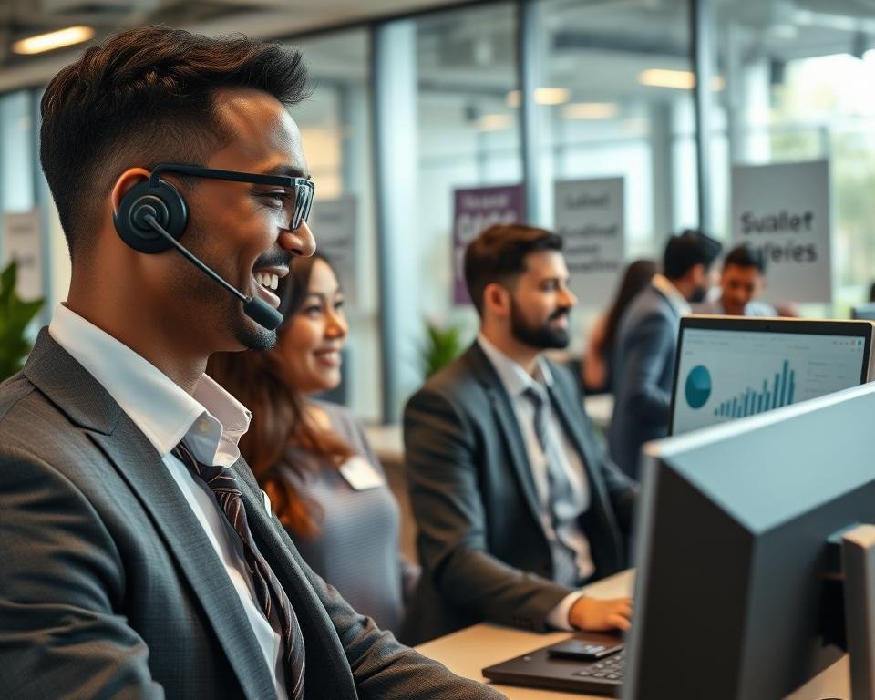 A modern office environment showcasing a professional support team. In the foreground, a friendly customer service representative, dressed in smart business attire, is engaged in a conversation on a headset. They are smiling and attentively looking at a computer screen with charts and support queries displayed. The middle ground features a well-organized workspace with multiple monitors, office plants, and motivational posters about excellent customer service. In the background, a soft-focus view of glass walls reveals a collaborative area with colleagues discussing strategies. Warm, natural lighting filters in through large windows, creating an inviting atmosphere. The overall mood conveys approachability, responsiveness, and a commitment to effective customer support.