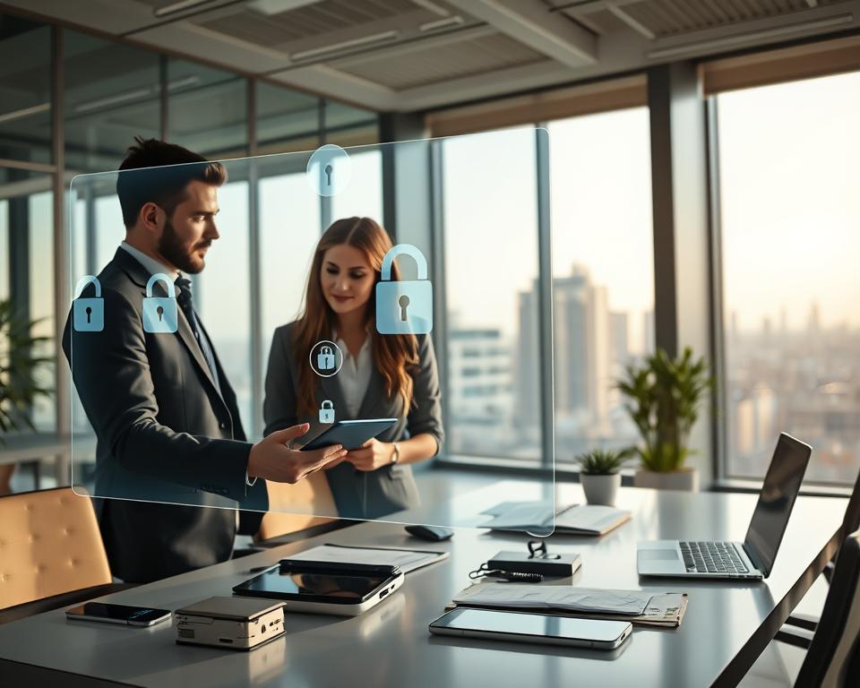 A modern office environment showcasing secure payment services. In the foreground, a professional man and woman in business attire are discussing over a digital tablet, looking at a transparent screen displaying symbols of secure payments like locks and shield icons. In the middle ground, a sleek desk with financial tools, credit cards, and digital devices is visible, emphasizing innovation. The background features large windows with a city skyline, casting soft, natural light into the room, enhancing a sense of trust and professionalism. The mood is focused and secure, conveying a sense of reliability in online transactions. The composition captures a harmonious balance between technology and professionalism, suitable for the theme of secure payment methods. A modern office environment showcasing secure payment services. In the foreground, a professional man and woman in business attire are discussing over a digital tablet, looking at a transparent screen displaying symbols of secure payments like locks and shield icons. In the middle ground, a sleek desk with financial tools, credit cards, and digital devices is visible, emphasizing innovation. The background features large windows with a city skyline, casting soft, natural light into the room, enhancing a sense of trust and professionalism. The mood is focused and secure, conveying a sense of reliability in online transactions. The composition captures a harmonious balance between technology and professionalism, suitable for the theme of secure payment methods.