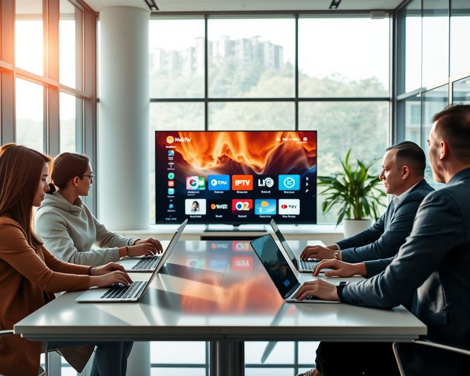 A modern office interior showcasing a professional team engaged in collaborative work. In the foreground, a diverse group of three individuals—one Asian woman and two Caucasian men—are seated around a sleek table with laptops open, discussing IPTV software updates. The middle layer features a large monitor showing a dynamic, colorful interface with icons representing various channels and features, symbolizing regular updates. The background is adorned with large windows allowing natural light to fill the space, giving a sense of openness and innovation. The atmosphere is vibrant yet focused, emphasizing teamwork and technological advancement. Soft lighting enhances the welcoming environment, shot with a wide-angle lens to capture the full scene effectively. A modern office interior showcasing a professional team engaged in collaborative work. In the foreground, a diverse group of three individuals—one Asian woman and two Caucasian men—are seated around a sleek table with laptops open, discussing IPTV software updates. The middle layer features a large monitor showing a dynamic, colorful interface with icons representing various channels and features, symbolizing regular updates. The background is adorned with large windows allowing natural light to fill the space, giving a sense of openness and innovation. The atmosphere is vibrant yet focused, emphasizing teamwork and technological advancement. Soft lighting enhances the welcoming environment, shot with a wide-angle lens to capture the full scene effectively.