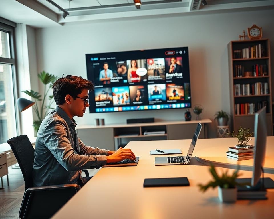 A modern office scene that reflects the essence of a "Spécialiste contenu francophone" in the IPTV industry. In the foreground, a focused young professional, dressed in business casual attire, is seated at a sleek desk, analyzing data on a laptop. The middle ground features a large screen displaying a vibrant interface of French streaming content, showcasing various genres and programs. The background displays a stylish, contemporary office with French literature and memorabilia, hinting at a passion for francophone culture. Soft, warm lighting illuminates the scene, creating an inviting and productive atmosphere. The angle should capture both the professional at work and the essence of French entertainment, emphasizing expertise and cultural pride.