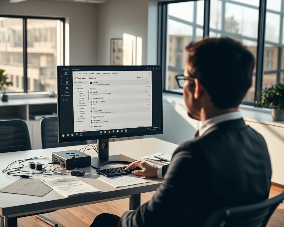 A modern office setting featuring a computer screen displaying a configuration application interface for streaming services. In the foreground, a professional person in business attire is intently focused on the screen, adjusting settings with a mouse. The midground showcases a sleek desk with tech gadgets, cables, and paperwork scattered around, indicating an active workflow. The background contains a large window letting in natural light, casting soft shadows across the room. The overall atmosphere is one of productivity and concentration, with a slightly warm color palette that conveys a welcoming yet professional mood. The lighting is bright but not harsh, emphasizing clarity and focus on the configuration application. A modern office setting featuring a computer screen displaying a configuration application interface for streaming services. In the foreground, a professional person in business attire is intently focused on the screen, adjusting settings with a mouse. The midground showcases a sleek desk with tech gadgets, cables, and paperwork scattered around, indicating an active workflow. The background contains a large window letting in natural light, casting soft shadows across the room. The overall atmosphere is one of productivity and concentration, with a slightly warm color palette that conveys a welcoming yet professional mood. The lighting is bright but not harsh, emphasizing clarity and focus on the configuration application.
