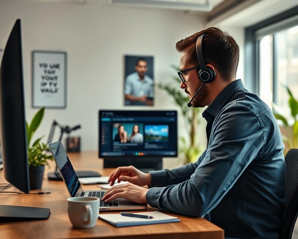 A modern office setting featuring a professional support technician engaged in troubleshooting an IPTV application on a sleek monitor. In the foreground, a focused individual, dressed in smart casual attire, interacts with a laptop displaying the Smarters Pro interface. The technician appears collaborative, utilizing a headset and gesturing towards the screen. In the middle ground, a tidy desk with essential tools like notepads and a coffee cup adds to the atmosphere of productivity. The background shows a clean office space with inspirational posters on the walls and plants that enhance the ambiance. Soft, natural lighting illuminates the scene, creating a welcoming environment. The camera angle is slightly elevated, capturing both the technician's concentration and the professional interior. The overall mood is one of efficiency and support. A modern office setting featuring a professional support technician engaged in troubleshooting an IPTV application on a sleek monitor. In the foreground, a focused individual, dressed in smart casual attire, interacts with a laptop displaying the Smarters Pro interface. The technician appears collaborative, utilizing a headset and gesturing towards the screen. In the middle ground, a tidy desk with essential tools like notepads and a coffee cup adds to the atmosphere of productivity. The background shows a clean office space with inspirational posters on the walls and plants that enhance the ambiance. Soft, natural lighting illuminates the scene, creating a welcoming environment. The camera angle is slightly elevated, capturing both the technician's concentration and the professional interior. The overall mood is one of efficiency and support.
