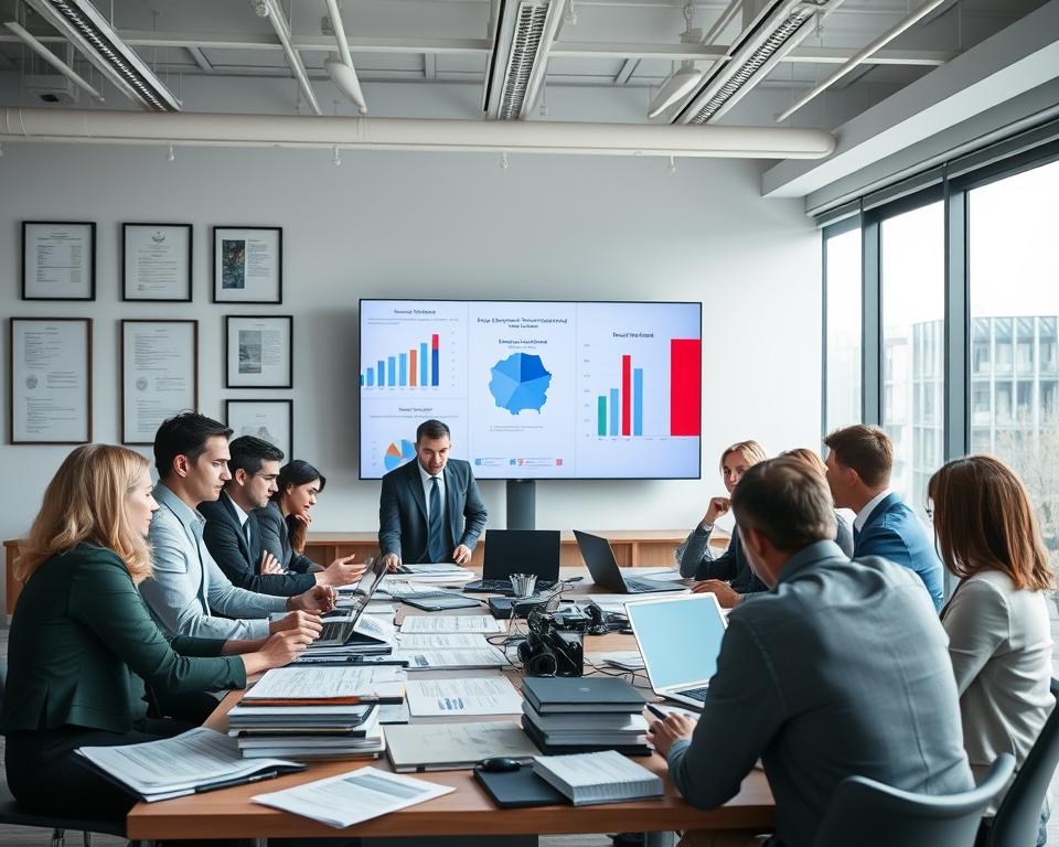 A modern office setting focused on legal aspects of streaming in France. In the foreground, a diverse group of professional individuals dressed in business attire are engaged in discussion around a conference table stacked with legal documents and laptops. The middle ground features a large screen displaying graphs and chart visualizations related to streaming regulations. In the background, the office is adorned with framed legal documents and imagery of the French flag, symbolizing national law. Soft, natural lighting streams through large windows, creating a bright and optimistic atmosphere. The camera angle is slightly elevated, capturing both the collaborative spirit of the group and the informative visuals on the screen. The overall mood is serious yet engaging, reflecting the importance of understanding legal regulations in streaming. A modern office setting focused on legal aspects of streaming in France. In the foreground, a diverse group of professional individuals dressed in business attire are engaged in discussion around a conference table stacked with legal documents and laptops. The middle ground features a large screen displaying graphs and chart visualizations related to streaming regulations. In the background, the office is adorned with framed legal documents and imagery of the French flag, symbolizing national law. Soft, natural lighting streams through large windows, creating a bright and optimistic atmosphere. The camera angle is slightly elevated, capturing both the collaborative spirit of the group and the informative visuals on the screen. The overall mood is serious yet engaging, reflecting the importance of understanding legal regulations in streaming.