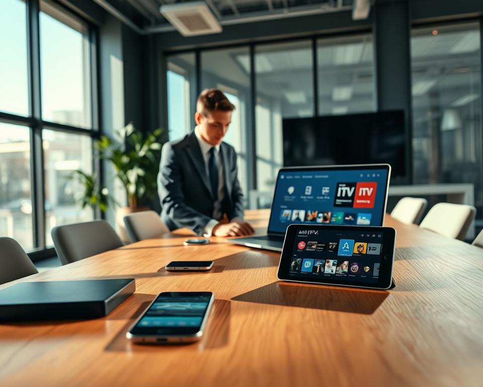 A modern office setting with a focus on a sleek wooden desk in the foreground, where a professional in business attire is engaged in activating an IPTV subscription. The person is looking at a laptop with IPTV activation details on the screen, showcasing vibrant graphics and icons. Surrounding them, in the middle ground, are tech gadgets like a smartphone and a tablet displaying streaming apps. In the background, large windows allow natural light to flood the room, creating a bright and welcoming atmosphere. Soft shadows play across the desk, and the overall mood conveys efficiency and excitement about the new subscription. The camera angle is slightly elevated, capturing the action from a dynamic perspective. A modern office setting with a focus on a sleek wooden desk in the foreground, where a professional in business attire is engaged in activating an IPTV subscription. The person is looking at a laptop with IPTV activation details on the screen, showcasing vibrant graphics and icons. Surrounding them, in the middle ground, are tech gadgets like a smartphone and a tablet displaying streaming apps. In the background, large windows allow natural light to flood the room, creating a bright and welcoming atmosphere. Soft shadows play across the desk, and the overall mood conveys efficiency and excitement about the new subscription. The camera angle is slightly elevated, capturing the action from a dynamic perspective.