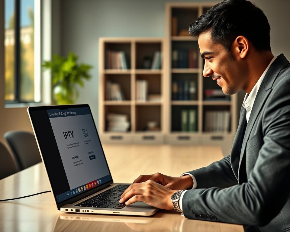 A modern office setting with a sleek desk featuring a laptop open to a user-friendly IPTV setup interface. In the foreground, an individual in smart casual attire, focused on the screen, demonstrates the easy activation process. The user’s hands are poised over the keyboard, and their expression conveys concentration and satisfaction. In the middle, there are vibrant icons representing various IPTV options, showcasing the simplicity and efficiency of the service. The background includes a stylish bookshelf and a soft-focus window displaying a sunny day, adding an inviting atmosphere. Bright, natural lighting illuminates the scene, creating a warm and professional mood. The camera angle is slightly above, capturing the workspace and emphasizing the ease of configuration. A modern office setting with a sleek desk featuring a laptop open to a user-friendly IPTV setup interface. In the foreground, an individual in smart casual attire, focused on the screen, demonstrates the easy activation process. The user’s hands are poised over the keyboard, and their expression conveys concentration and satisfaction. In the middle, there are vibrant icons representing various IPTV options, showcasing the simplicity and efficiency of the service. The background includes a stylish bookshelf and a soft-focus window displaying a sunny day, adding an inviting atmosphere. Bright, natural lighting illuminates the scene, creating a warm and professional mood. The camera angle is slightly above, capturing the workspace and emphasizing the ease of configuration.
