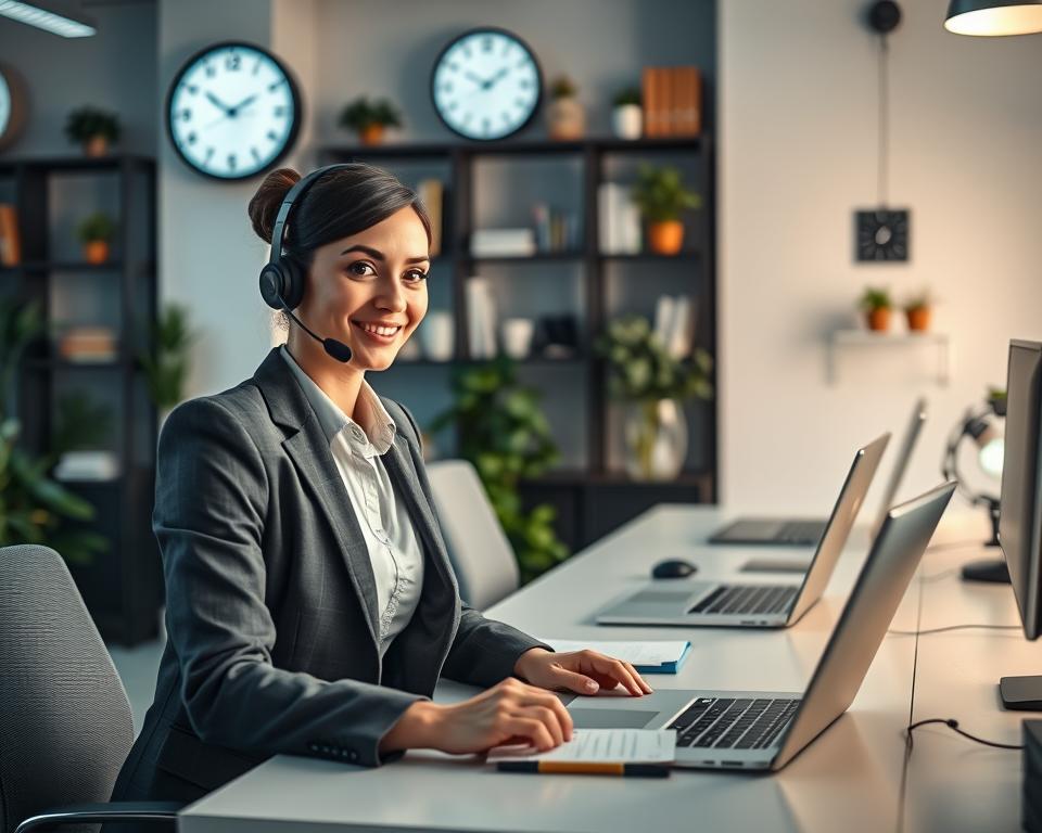 A modern, professional office environment illustrating 24/7 client support. In the foreground, a friendly customer service representative wearing smart business attire, engaged in a conversation via a headset, conveying attentiveness and professionalism. In the middle, a sleek desk with open laptops and notepads, indicating active communication. Various call center tools, like a wall clock displaying the time as midnight, emphasize the continuous support available. In the background, soft lighting creates a warm and inviting atmosphere, with shelves filled with books and plants, enhancing the feeling of a supportive workspace. The overall mood is calm and reassuring, highlighting the dedication to client satisfaction and assistance at any hour. A modern, professional office environment illustrating 24/7 client support. In the foreground, a friendly customer service representative wearing smart business attire, engaged in a conversation via a headset, conveying attentiveness and professionalism. In the middle, a sleek desk with open laptops and notepads, indicating active communication. Various call center tools, like a wall clock displaying the time as midnight, emphasize the continuous support available. In the background, soft lighting creates a warm and inviting atmosphere, with shelves filled with books and plants, enhancing the feeling of a supportive workspace. The overall mood is calm and reassuring, highlighting the dedication to client satisfaction and assistance at any hour.