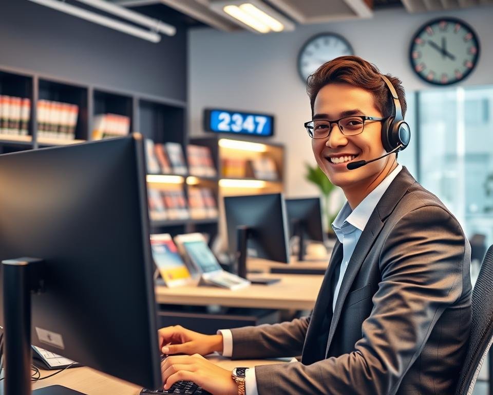 A modern, professional support center environment showcasing a friendly customer service representative in a sleek office setting. The foreground features the representative, a young adult in smart business attire, sitting at a desk with a headset on, interacting positively with a computer screen displaying data. In the middle ground, a well-organized workspace includes audio equipment and service brochures, indicating a focus on 24/7 availability. The background captures elements like shelves filled with technology books and a clock showing different time zones, emphasizing global support. The lighting is warm and inviting, creating a welcoming atmosphere. The image conveys efficiency, professionalism, and a commitment to customer care, perfect for representing continuous support services. A modern, professional support center environment showcasing a friendly customer service representative in a sleek office setting. The foreground features the representative, a young adult in smart business attire, sitting at a desk with a headset on, interacting positively with a computer screen displaying data. In the middle ground, a well-organized workspace includes audio equipment and service brochures, indicating a focus on 24/7 availability. The background captures elements like shelves filled with technology books and a clock showing different time zones, emphasizing global support. The lighting is warm and inviting, creating a welcoming atmosphere. The image conveys efficiency, professionalism, and a commitment to customer care, perfect for representing continuous support services.