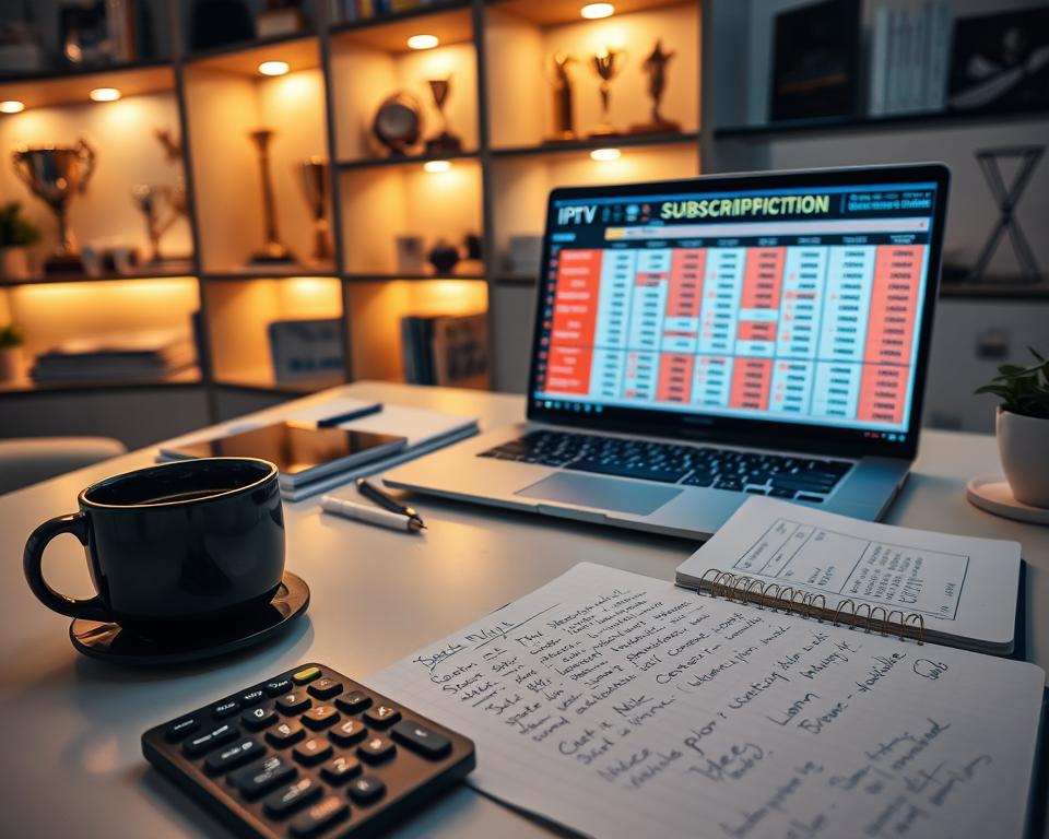 A modern, professional workspace featuring a clean desk with a laptop displaying a colorful spreadsheet of subscription plans and prices for IPTV services. In the foreground, a calculator and a notepad filled with neatly written notes about various subscription options. In the middle ground, a cup of coffee and an organizer with charts illustrating pricing tiers. In the background, soft-lit shelves displaying trophies and books on technology and media. The lighting is warm and inviting, casting a subtle glow on the desk, suggesting a productive atmosphere. The camera angle is slightly above eye level, offering an overview of the workspace while maintaining a focus on the details, creating a sense of clarity and organization. The mood is one of professionalism and insight. A modern, professional workspace featuring a clean desk with a laptop displaying a colorful spreadsheet of subscription plans and prices for IPTV services. In the foreground, a calculator and a notepad filled with neatly written notes about various subscription options. In the middle ground, a cup of coffee and an organizer with charts illustrating pricing tiers. In the background, soft-lit shelves displaying trophies and books on technology and media. The lighting is warm and inviting, casting a subtle glow on the desk, suggesting a productive atmosphere. The camera angle is slightly above eye level, offering an overview of the workspace while maintaining a focus on the details, creating a sense of clarity and organization. The mood is one of professionalism and insight.