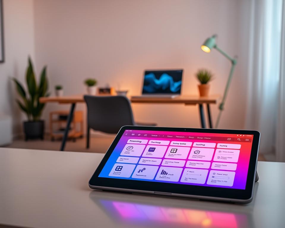 A modern, sleek configuration application interface displayed on a high-resolution tablet. In the foreground, the tablet glows with vibrant colors, showcasing a user-friendly dashboard filled with intuitive icons illustrating streaming options and settings. The middle ground features an organized workspace with a minimalist desk, complete with a stylish laptop and a potted plant, emphasizing a productive atmosphere. In the background, a softly lit room with ambient lighting creates a cozy yet professional vibe, hinting at a home office setup. The overall mood should be inviting and tech-savvy, with a blend of natural light and gentle shadows to enhance the sleek sophistication of the scene. A slight aerial angle captures the essence of ease and accessibility in configuring the application. A modern, sleek configuration application interface displayed on a high-resolution tablet. In the foreground, the tablet glows with vibrant colors, showcasing a user-friendly dashboard filled with intuitive icons illustrating streaming options and settings. The middle ground features an organized workspace with a minimalist desk, complete with a stylish laptop and a potted plant, emphasizing a productive atmosphere. In the background, a softly lit room with ambient lighting creates a cozy yet professional vibe, hinting at a home office setup. The overall mood should be inviting and tech-savvy, with a blend of natural light and gentle shadows to enhance the sleek sophistication of the scene. A slight aerial angle captures the essence of ease and accessibility in configuring the application.