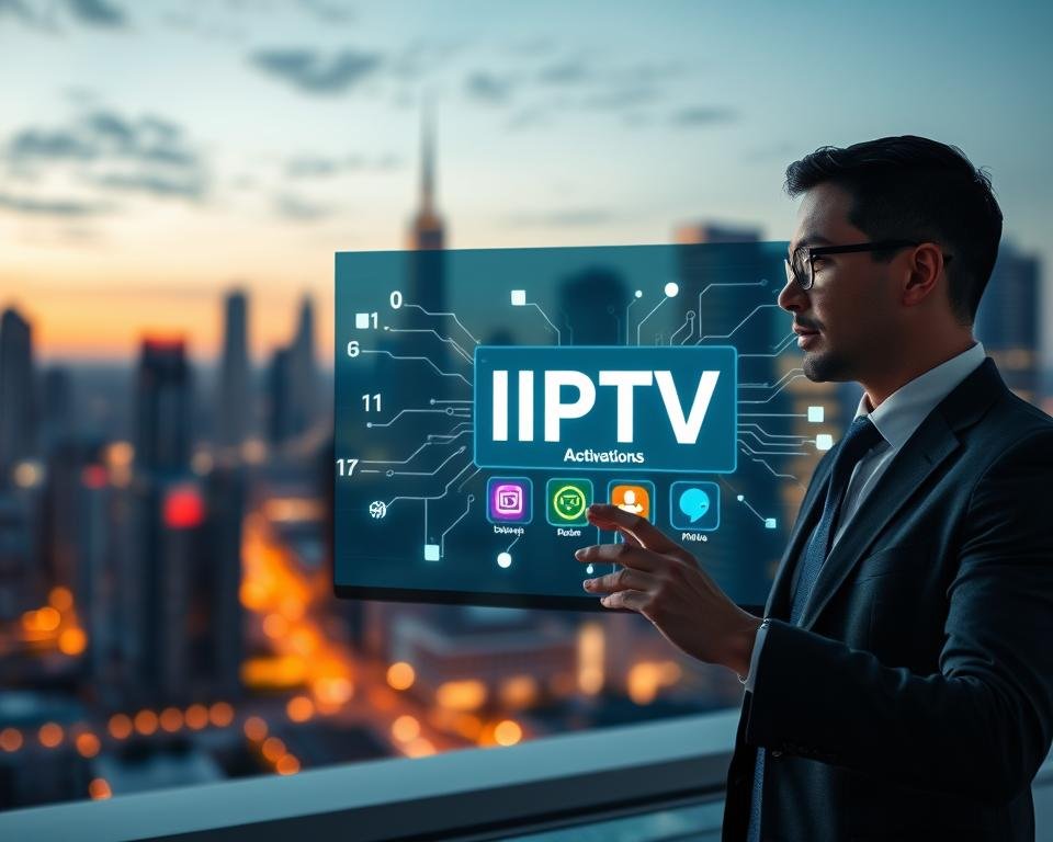 A modern, sleek digital interface showcasing the concept of "Immediate Activation Process". In the foreground, a professional individual in business attire is interacting with a high-tech touchscreen device displaying vibrant icons representing IPTV services. In the middle, an abstract representation of data flow, with illuminated arrows and streams of binary code illustrating seamless activation and connectivity. The background features a blurred city skyline at dusk, with glowing buildings suggesting a tech-savvy urban environment. Soft, ambient lighting casts a professional atmosphere, enhancing the sense of innovation and immediacy. The overall mood is dynamic and forward-thinking, emphasizing efficiency and cutting-edge technology without any text or overlays. A modern, sleek digital interface showcasing the concept of "Immediate Activation Process". In the foreground, a professional individual in business attire is interacting with a high-tech touchscreen device displaying vibrant icons representing IPTV services. In the middle, an abstract representation of data flow, with illuminated arrows and streams of binary code illustrating seamless activation and connectivity. The background features a blurred city skyline at dusk, with glowing buildings suggesting a tech-savvy urban environment. Soft, ambient lighting casts a professional atmosphere, enhancing the sense of innovation and immediacy. The overall mood is dynamic and forward-thinking, emphasizing efficiency and cutting-edge technology without any text or overlays.