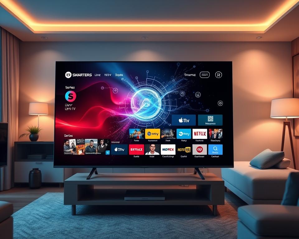 A modern, sleek digital interface showcasing the main features of Smarters Pro IPTV. In the foreground, display a vibrant, high-definition television screen featuring a dynamic menu interface with streaming options like live TV, movies, and series. The middle layer includes an abstract representation of streaming technology, with flowing data streams and icons representing various content genres. The background features a stylish living room environment with soft, ambient lighting, emphasizing a cozy yet high-tech atmosphere. The overall mood conveys innovation and excitement, capturing the essence of cutting-edge entertainment technology. Use a well-defined perspective, resembling a close-up shot to engage viewers with the details. A modern, sleek digital interface showcasing the main features of Smarters Pro IPTV. In the foreground, display a vibrant, high-definition television screen featuring a dynamic menu interface with streaming options like live TV, movies, and series. The middle layer includes an abstract representation of streaming technology, with flowing data streams and icons representing various content genres. The background features a stylish living room environment with soft, ambient lighting, emphasizing a cozy yet high-tech atmosphere. The overall mood conveys innovation and excitement, capturing the essence of cutting-edge entertainment technology. Use a well-defined perspective, resembling a close-up shot to engage viewers with the details.
