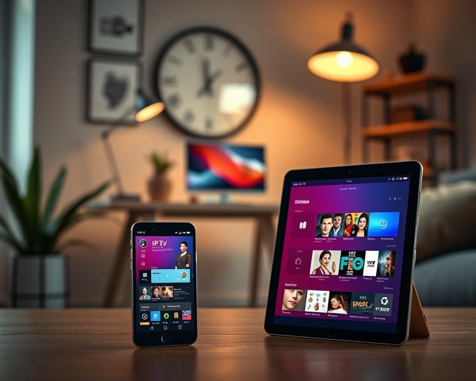A modern, sleek iPhone and iPad showcasing the IPTV Smarters Pro app on their screens, positioned prominently in the foreground. The devices' displays light up with the vibrant interface of the app, featuring colorful thumbnails of channels and smooth navigation elements. In the middle ground, a stylish, minimalist workspace with a softly blurred background, incorporating elements like a desk, a potted plant, and dimmed natural light filtering through a window, enhancing the cozy atmosphere. Use a warm, inviting color palette to create a sense of ease and accessibility. Capture the scene with a soft-focus lens to emphasize the foreground devices, with a subtle depth of field, conveying a mood of technology and comfort in home entertainment. The overall setting should evoke a sense of readiness to explore digital content effortlessly. A modern, sleek iPhone and iPad showcasing the IPTV Smarters Pro app on their screens, positioned prominently in the foreground. The devices' displays light up with the vibrant interface of the app, featuring colorful thumbnails of channels and smooth navigation elements. In the middle ground, a stylish, minimalist workspace with a softly blurred background, incorporating elements like a desk, a potted plant, and dimmed natural light filtering through a window, enhancing the cozy atmosphere. Use a warm, inviting color palette to create a sense of ease and accessibility. Capture the scene with a soft-focus lens to emphasize the foreground devices, with a subtle depth of field, conveying a mood of technology and comfort in home entertainment. The overall setting should evoke a sense of readiness to explore digital content effortlessly.