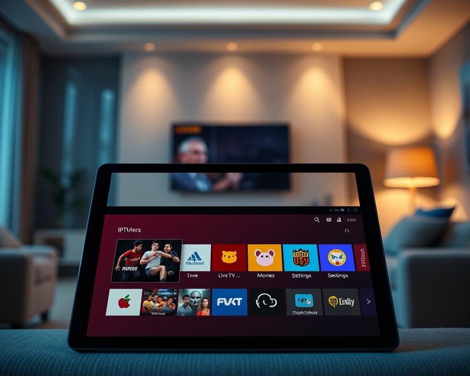 A modern, sleek interface of an IPTV application displayed on a high-resolution tablet. In the foreground, the tablet showcases a vibrant, user-friendly home screen with large, colorful icons representing various functionalities such as Live TV, Movies, and Settings. The middle ground features a cleanly designed menu, emphasizing easy navigation. The background is a softly blurred living room setting with ambient lighting, creating a cozy atmosphere. The scene should capture a sense of innovation and technology, with a warm color palette. Soft shadows should enhance the depth, and the overall mood should be inviting and accessible, suitable for users exploring their new IPTV application. A modern, sleek interface of an IPTV application displayed on a high-resolution tablet. In the foreground, the tablet showcases a vibrant, user-friendly home screen with large, colorful icons representing various functionalities such as Live TV, Movies, and Settings. The middle ground features a cleanly designed menu, emphasizing easy navigation. The background is a softly blurred living room setting with ambient lighting, creating a cozy atmosphere. The scene should capture a sense of innovation and technology, with a warm color palette. Soft shadows should enhance the depth, and the overall mood should be inviting and accessible, suitable for users exploring their new IPTV application.