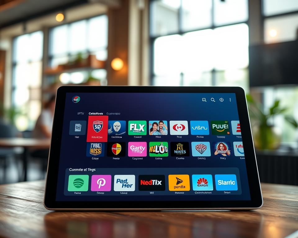 A modern, sleek interface of the IPTV Smarters Pro application displayed on a high-resolution tablet. In the foreground, the tablet is prominently centered, showcasing the app's vibrant, user-friendly layout with colorful icons representing various TV channels. The middle layer features a blurred coffee shop setting, hinting at a relaxed viewing environment where users enjoy streaming content. In the background, soft natural light filters through large windows, creating a warm and inviting atmosphere. The overall mood is friendly and engaging, ideal for individuals seeking the best in television streaming services. The scene is shot from an angle that highlights the tablet, with a focus on the app interface, ensuring clarity and detail. A modern, sleek interface of the IPTV Smarters Pro application displayed on a high-resolution tablet. In the foreground, the tablet is prominently centered, showcasing the app's vibrant, user-friendly layout with colorful icons representing various TV channels. The middle layer features a blurred coffee shop setting, hinting at a relaxed viewing environment where users enjoy streaming content. In the background, soft natural light filters through large windows, creating a warm and inviting atmosphere. The overall mood is friendly and engaging, ideal for individuals seeking the best in television streaming services. The scene is shot from an angle that highlights the tablet, with a focus on the app interface, ensuring clarity and detail.