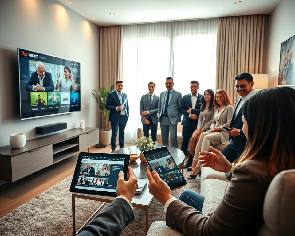 A modern, sleek living room featuring various digital devices displaying streaming content: a smart TV mounted on the wall, a tablet on a coffee table, and a smartphone in a user's hand. In the foreground, a diverse group of people in professional business attire, smiling and interacting with the devices, creating a sense of connection and enjoyment. The middle ground showcases cozy furniture and elegant decor, while the background reveals a bright window with natural light pouring in, enhancing the inviting atmosphere. Use soft, warm lighting to evoke a welcoming feel, with a focus on the tech compatibility theme. The angle should be slightly elevated, capturing the interaction among devices and users, emphasizing the idea of accessibility and versatility across all platforms. A modern, sleek living room featuring various digital devices displaying streaming content: a smart TV mounted on the wall, a tablet on a coffee table, and a smartphone in a user's hand. In the foreground, a diverse group of people in professional business attire, smiling and interacting with the devices, creating a sense of connection and enjoyment. The middle ground showcases cozy furniture and elegant decor, while the background reveals a bright window with natural light pouring in, enhancing the inviting atmosphere. Use soft, warm lighting to evoke a welcoming feel, with a focus on the tech compatibility theme. The angle should be slightly elevated, capturing the interaction among devices and users, emphasizing the idea of accessibility and versatility across all platforms.