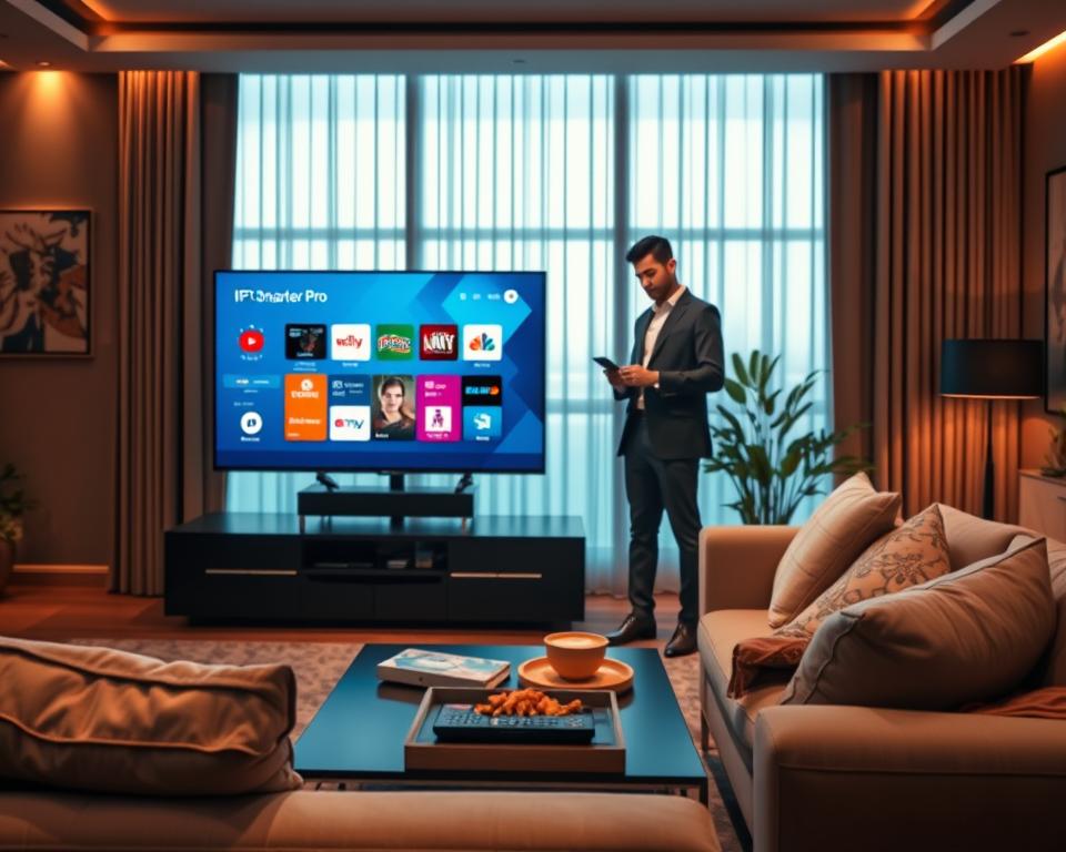 A modern, sleek living room setting featuring a stylish flat-screen TV displaying the IPTV Smarter Pro interface. In the foreground, a comfortable sofa with plush pillows invites relaxation. A coffee table holds a remote control, snacks, and a smartphone, symbolizing user engagement with IPTV services. In the middle, a well-dressed professional, casually browsing on the smartphone, embodies the target audience. The background consists of a tastefully decorated wall with ambient lighting, creating a warm and inviting atmosphere. Soft, diffused light enters through large windows, casting a gentle glow across the room, enhancing the focus on the IPTV service. The overall mood is positive and modern, reflecting convenience and entertainment in everyday life. A modern, sleek living room setting featuring a stylish flat-screen TV displaying the IPTV Smarter Pro interface. In the foreground, a comfortable sofa with plush pillows invites relaxation. A coffee table holds a remote control, snacks, and a smartphone, symbolizing user engagement with IPTV services. In the middle, a well-dressed professional, casually browsing on the smartphone, embodies the target audience. The background consists of a tastefully decorated wall with ambient lighting, creating a warm and inviting atmosphere. Soft, diffused light enters through large windows, casting a gentle glow across the room, enhancing the focus on the IPTV service. The overall mood is positive and modern, reflecting convenience and entertainment in everyday life.