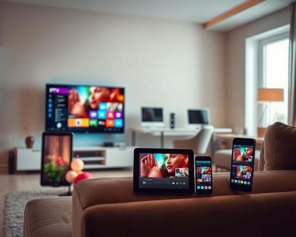 A modern, sleek living room showcasing various devices compatible with IPTV subscriptions. In the foreground, a stylish TV stands prominently, displaying a vibrant, colorful interface. Beside it, a tablet and a smartphone show the same IPTV content, suggesting seamless compatibility. In the middle ground, a desktop computer is positioned on a minimalistic desk, with a cozy armchair nearby. Soft, warm lighting creates an inviting atmosphere, highlighting the sleek designs of the devices. The background features a bright window with natural light filtering through, enhancing the sense of a contemporary, tech-savvy home environment. The mood is friendly and accessible, appealing to a diverse audience of tech lovers. A modern, sleek living room showcasing various devices compatible with IPTV subscriptions. In the foreground, a stylish TV stands prominently, displaying a vibrant, colorful interface. Beside it, a tablet and a smartphone show the same IPTV content, suggesting seamless compatibility. In the middle ground, a desktop computer is positioned on a minimalistic desk, with a cozy armchair nearby. Soft, warm lighting creates an inviting atmosphere, highlighting the sleek designs of the devices. The background features a bright window with natural light filtering through, enhancing the sense of a contemporary, tech-savvy home environment. The mood is friendly and accessible, appealing to a diverse audience of tech lovers.