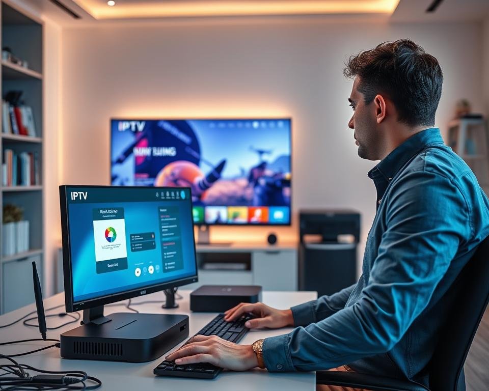 A modern, sleek workspace depicting the installation and configuration of IPTV Streaming Pro. In the foreground, a professional technician in smart casual clothing is seated at a desktop computer, focused on the screen displaying IPTV setup software. The middle ground features a large high-definition television, showcasing vibrant streaming content, adjacent to a router with visible cables. In the background, soft ambient lighting creates a welcoming atmosphere, with shelves of tech books and equipment. The scene captures a sense of innovation and expertise, reflecting a high-tech environment. The angle is slightly elevated, providing a clear view of the workspace and the IPTV installation process, conveying a mood of clarity and efficiency. A modern, sleek workspace depicting the installation and configuration of IPTV Streaming Pro. In the foreground, a professional technician in smart casual clothing is seated at a desktop computer, focused on the screen displaying IPTV setup software. The middle ground features a large high-definition television, showcasing vibrant streaming content, adjacent to a router with visible cables. In the background, soft ambient lighting creates a welcoming atmosphere, with shelves of tech books and equipment. The scene captures a sense of innovation and expertise, reflecting a high-tech environment. The angle is slightly elevated, providing a clear view of the workspace and the IPTV installation process, conveying a mood of clarity and efficiency.