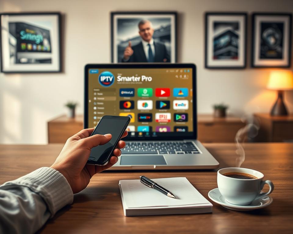 A modern, sleek workspace featuring an open laptop displaying the IPTV Smarter Pro application interface, with icons representing streaming services arranged around it. In the foreground, a pair of hands engaging with a smartphone for installation setup. In the middle, a desk organized with a notepad and pen for jotting down installation prerequisites, alongside a cup of coffee emitting steam. The background includes a softly blurred wall with framed tech-themed artwork, enhancing a professional atmosphere. The lighting is warm and inviting, with soft shadows to create depth. The overall mood is focused and productive, emphasizing the importance of preparation before installation. A modern, sleek workspace featuring an open laptop displaying the IPTV Smarter Pro application interface, with icons representing streaming services arranged around it. In the foreground, a pair of hands engaging with a smartphone for installation setup. In the middle, a desk organized with a notepad and pen for jotting down installation prerequisites, alongside a cup of coffee emitting steam. The background includes a softly blurred wall with framed tech-themed artwork, enhancing a professional atmosphere. The lighting is warm and inviting, with soft shadows to create depth. The overall mood is focused and productive, emphasizing the importance of preparation before installation.