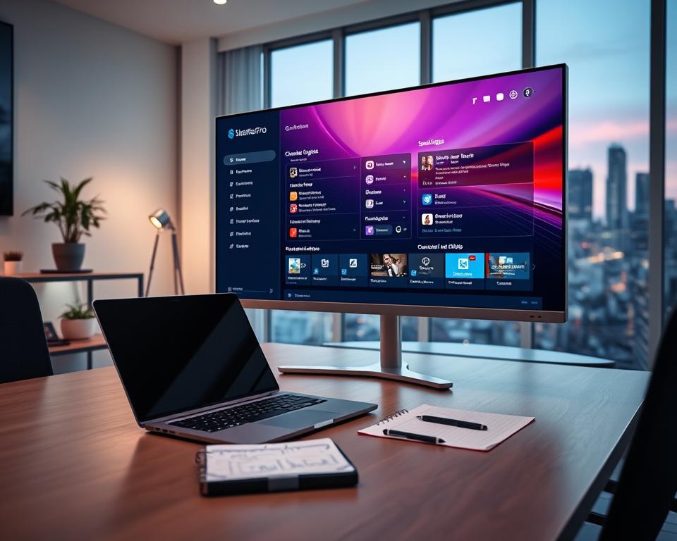 A modern, sleek workspace showcasing the Windows Smarters Pro application on a large monitor. In the foreground, a well-organized desk features a high-end laptop and a notepad with technical notes. The middle ground presents the large screen displaying the Windows Smarters Pro interface, emphasizing features like channel lists and user settings in a vibrant and user-friendly layout. The background shows a softly illuminated room with ambient lighting, a potted plant on a shelf, and a window revealing a city skyline at dusk. The overall mood is professional and inviting, suggesting readiness for installation. The angle should be slightly elevated, focusing on the monitor while capturing the desk elements in a clean and unobtrusive manner. A modern, sleek workspace showcasing the Windows Smarters Pro application on a large monitor. In the foreground, a well-organized desk features a high-end laptop and a notepad with technical notes. The middle ground presents the large screen displaying the Windows Smarters Pro interface, emphasizing features like channel lists and user settings in a vibrant and user-friendly layout. The background shows a softly illuminated room with ambient lighting, a potted plant on a shelf, and a window revealing a city skyline at dusk. The overall mood is professional and inviting, suggesting readiness for installation. The angle should be slightly elevated, focusing on the monitor while capturing the desk elements in a clean and unobtrusive manner.