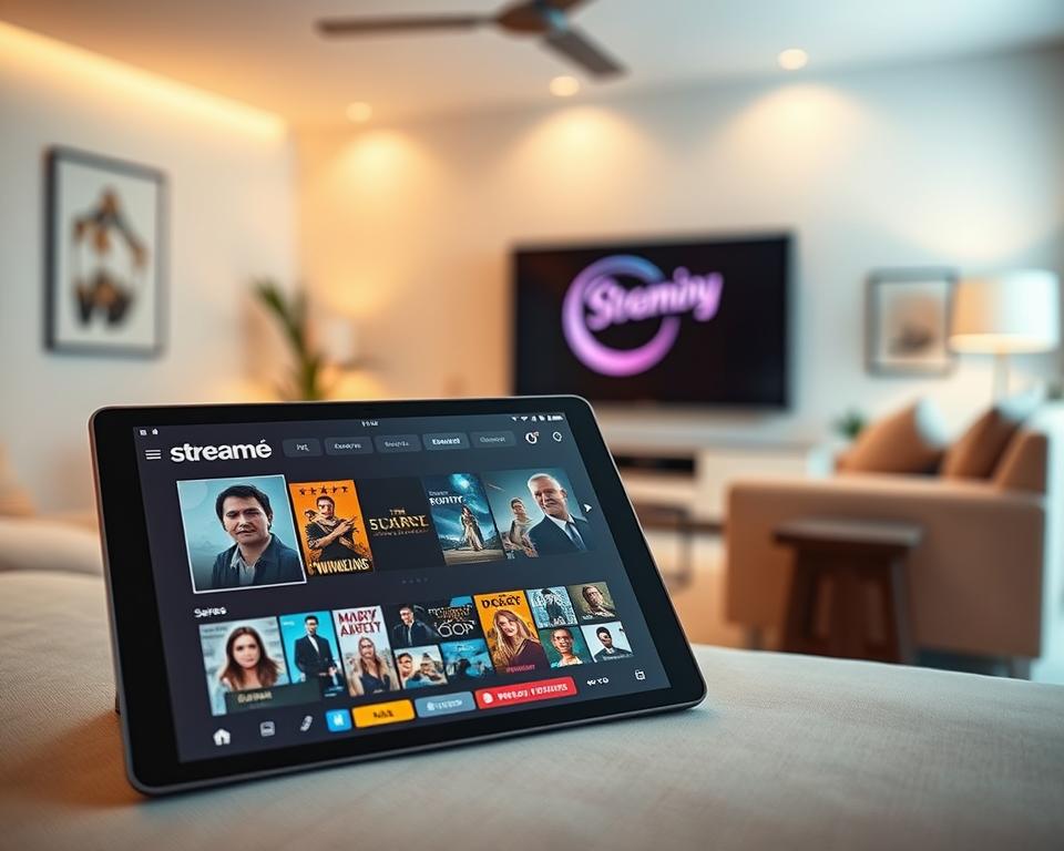 A modern streaming application interface displayed on a sleek, high-resolution tablet. In the foreground, the tablet shows a vibrant home screen filled with colorful thumbnails of movies and series, sleek navigation menus, and user-friendly icons. The middle ground features a stylish living room with contemporary furniture, ambient lighting casting a warm glow, creating an inviting atmosphere. The background includes a large, flat-screen TV displaying a streaming service logo, enhancing the modern aesthetic. The scene is captured from a slight overhead angle, emphasizing the tablet's screen while showcasing the cozy setting. Soft, diffused lighting creates a relaxed mood, reflecting a high-quality user experience. No text or watermarks are included. A modern streaming application interface displayed on a sleek, high-resolution tablet. In the foreground, the tablet shows a vibrant home screen filled with colorful thumbnails of movies and series, sleek navigation menus, and user-friendly icons. The middle ground features a stylish living room with contemporary furniture, ambient lighting casting a warm glow, creating an inviting atmosphere. The background includes a large, flat-screen TV displaying a streaming service logo, enhancing the modern aesthetic. The scene is captured from a slight overhead angle, emphasizing the tablet's screen while showcasing the cozy setting. Soft, diffused lighting creates a relaxed mood, reflecting a high-quality user experience. No text or watermarks are included.