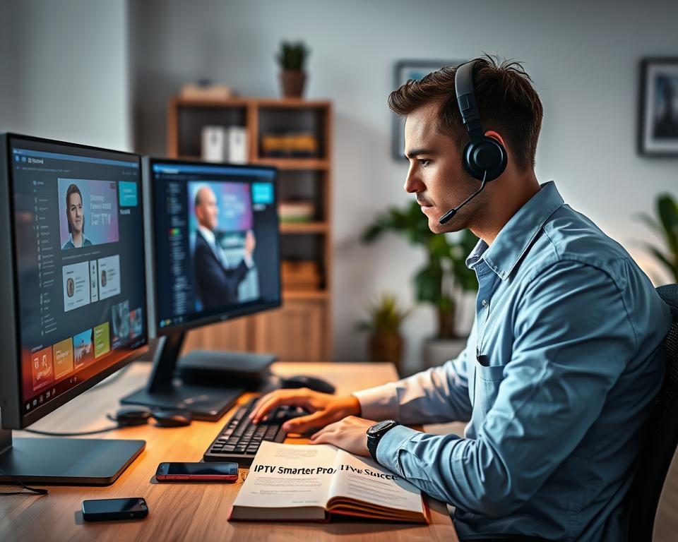 A modern tech support scene depicting a professional support technician engaged in assisting a customer via a streaming application. In the foreground, show a focused technician in a crisp collared shirt and headset, intently interacting with a computer, illuminated by a soft glow from dual monitors displaying the IPTV Smarter Pro interface. In the middle, a neatly organized desk with tech gadgets like a smartphone and tablet, and an open notebook with notes on IPTV services. In the background, a cozy office space with shelves of tech-related books and a potted plant, contributing to a warm and inviting atmosphere. Use bright lighting to create a sense of clarity and professionalism, with a slight depth of field for added focus on the technician. The overall mood should reflect efficiency and customer-centered support. A modern tech support scene depicting a professional support technician engaged in assisting a customer via a streaming application. In the foreground, show a focused technician in a crisp collared shirt and headset, intently interacting with a computer, illuminated by a soft glow from dual monitors displaying the IPTV Smarter Pro interface. In the middle, a neatly organized desk with tech gadgets like a smartphone and tablet, and an open notebook with notes on IPTV services. In the background, a cozy office space with shelves of tech-related books and a potted plant, contributing to a warm and inviting atmosphere. Use bright lighting to create a sense of clarity and professionalism, with a slight depth of field for added focus on the technician. The overall mood should reflect efficiency and customer-centered support.