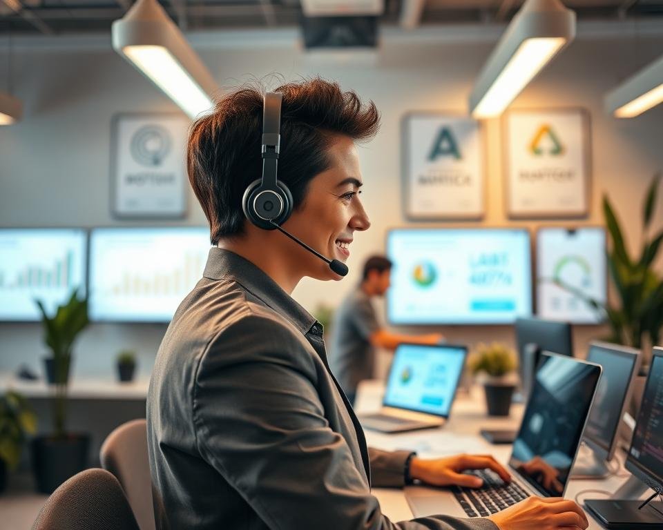 A modern tech support scene illustrating "technical support and customer assistance" in an office environment. In the foreground, a professional support agent in business attire, attentively engaging with a laptop and a headset, displaying a friendly demeanor. The middle ground features a clean, sleek office with a service desk equipped with multiple monitors showing graphs and customer satisfaction metrics. In the background, softly blurred, is a wall with motivational tech-related posters and plants, creating a welcoming atmosphere. The lighting is bright and warm, emanating from overhead LED lights, giving the space an inviting feel. The overall mood emphasizes professionalism, reliability, and a focus on customer care. The angle captures the agent's engagement, highlighting the essence of dedicated support. A modern tech support scene illustrating "technical support and customer assistance" in an office environment. In the foreground, a professional support agent in business attire, attentively engaging with a laptop and a headset, displaying a friendly demeanor. The middle ground features a clean, sleek office with a service desk equipped with multiple monitors showing graphs and customer satisfaction metrics. In the background, softly blurred, is a wall with motivational tech-related posters and plants, creating a welcoming atmosphere. The lighting is bright and warm, emanating from overhead LED lights, giving the space an inviting feel. The overall mood emphasizes professionalism, reliability, and a focus on customer care. The angle captures the agent's engagement, highlighting the essence of dedicated support.
