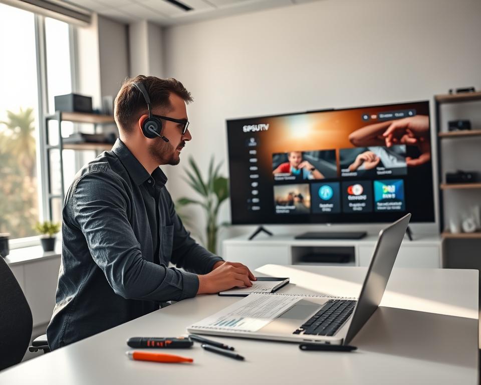 A modern tech support scene showcasing a professional IT technician in a sleek office environment, assisting a customer with an IPTV Smarter Pro setup on a large smart TV. The technician, wearing a business casual outfit, is attentively explaining features and troubleshooting issues. In the foreground, there is a well-lit, organized desk with a laptop, tools, and a notepad filled with technical notes. The middle ground features the large smart TV displaying a user-friendly interface. In the background, elements like shelves with tech devices and a window showing a bright, sunny day create an inviting atmosphere. Soft, natural light pours in, casting subtle shadows. The scene evokes a sense of reliability, efficiency, and professionalism. A modern tech support scene showcasing a professional IT technician in a sleek office environment, assisting a customer with an IPTV Smarter Pro setup on a large smart TV. The technician, wearing a business casual outfit, is attentively explaining features and troubleshooting issues. In the foreground, there is a well-lit, organized desk with a laptop, tools, and a notepad filled with technical notes. The middle ground features the large smart TV displaying a user-friendly interface. In the background, elements like shelves with tech devices and a window showing a bright, sunny day create an inviting atmosphere. Soft, natural light pours in, casting subtle shadows. The scene evokes a sense of reliability, efficiency, and professionalism.
