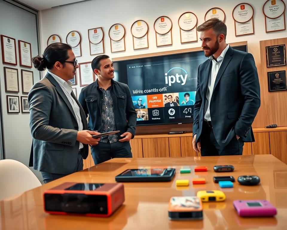 A modern technical support scene focused on IPTV streaming application assistance. In the foreground, a diverse group of three professionals—two men and one woman—dressed in smart-casual attire, are engaged in a discussion. One is pointing at a tablet displaying the IPTV interface, while the other two are attentively listening, showing expressions of concentration. The middle ground features a sleek, modern office with a large screen displaying streaming options, and colorful tech gadgets scattered on a polished table. The background showcases a wall with certificates and awards, subtly highlighting expertise. The lighting is bright and natural, with an inviting atmosphere, creating a sense of collaboration and support. The image is captured from a slightly elevated angle to emphasize teamwork. A modern technical support scene focused on IPTV streaming application assistance. In the foreground, a diverse group of three professionals—two men and one woman—dressed in smart-casual attire, are engaged in a discussion. One is pointing at a tablet displaying the IPTV interface, while the other two are attentively listening, showing expressions of concentration. The middle ground features a sleek, modern office with a large screen displaying streaming options, and colorful tech gadgets scattered on a polished table. The background showcases a wall with certificates and awards, subtly highlighting expertise. The lighting is bright and natural, with an inviting atmosphere, creating a sense of collaboration and support. The image is captured from a slightly elevated angle to emphasize teamwork.