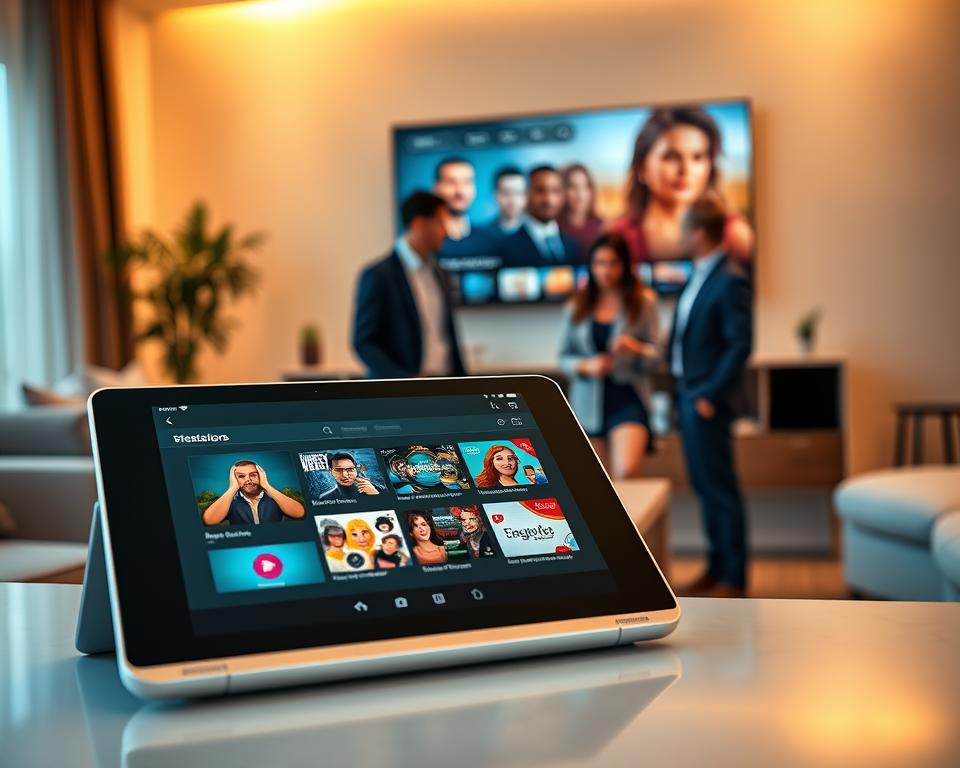 A modern, user-friendly IPTV Smarters Pro application interface displayed on a sleek tablet. In the foreground, a close-up of the tablet screen showcases an elegantly designed interface with vibrant icons and an intuitive layout, emphasizing ease of navigation. In the middle ground, a diverse group of three professionals in smart casual attire engages with the application, discussing content selection. In the background, a cozy living room setting with a large wall-mounted TV displaying a streaming service mockup, accentuated by warm, inviting lighting that creates a relaxed atmosphere. The scene captures a harmonious blend of technology and everyday life, with a focus on usability and engagement in the viewing experience. A modern, user-friendly IPTV Smarters Pro application interface displayed on a sleek tablet. In the foreground, a close-up of the tablet screen showcases an elegantly designed interface with vibrant icons and an intuitive layout, emphasizing ease of navigation. In the middle ground, a diverse group of three professionals in smart casual attire engages with the application, discussing content selection. In the background, a cozy living room setting with a large wall-mounted TV displaying a streaming service mockup, accentuated by warm, inviting lighting that creates a relaxed atmosphere. The scene captures a harmonious blend of technology and everyday life, with a focus on usability and engagement in the viewing experience.
