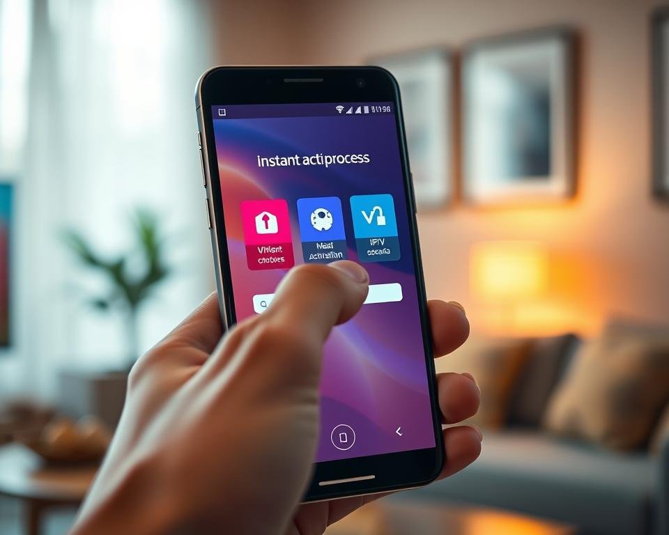 A modern, visually appealing digital interface representing "instant activation process" for an IPTV app. In the foreground, a sleek smartphone displaying the IPTV Smarters app interface with vivid icons and a progress bar indicating the activation process. The middle features a hand gently touching the screen, emphasizing user interaction. The background showcases a blurred home setting with soft lighting, creating a relaxed atmosphere, hinting at a cozy living space. Warm, inviting tones enhance the mood, while subtle reflections on the phone screen add depth. The angle is slightly tilted for a dynamic perspective, ensuring the focus remains on the activation process visually.