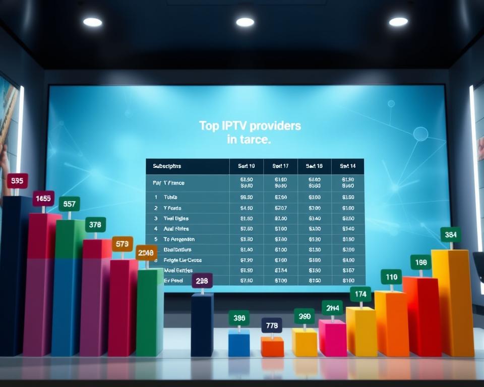 A modern, visually engaging infographic depicting a price comparison of IPTV subscriptions in France. In the foreground, display colorful bar charts and pie graphs representing various subscription options with varying prices, each labeled with icons symbolizing different TV content genres (movies, sports, series). In the middle ground, showcase a stylish table listing the top IPTV providers, highlighting their key features and prices. The background should feature a sleek, light blue digital-themed design with abstract shapes suggesting technology and connectivity. Use soft, ambient lighting to emphasize the data while creating a professional and informative atmosphere. The overall mood should convey clarity and insight, making the viewer feel informed about their IPTV budget planning. A modern, visually engaging infographic depicting a price comparison of IPTV subscriptions in France. In the foreground, display colorful bar charts and pie graphs representing various subscription options with varying prices, each labeled with icons symbolizing different TV content genres (movies, sports, series). In the middle ground, showcase a stylish table listing the top IPTV providers, highlighting their key features and prices. The background should feature a sleek, light blue digital-themed design with abstract shapes suggesting technology and connectivity. Use soft, ambient lighting to emphasize the data while creating a professional and informative atmosphere. The overall mood should convey clarity and insight, making the viewer feel informed about their IPTV budget planning.