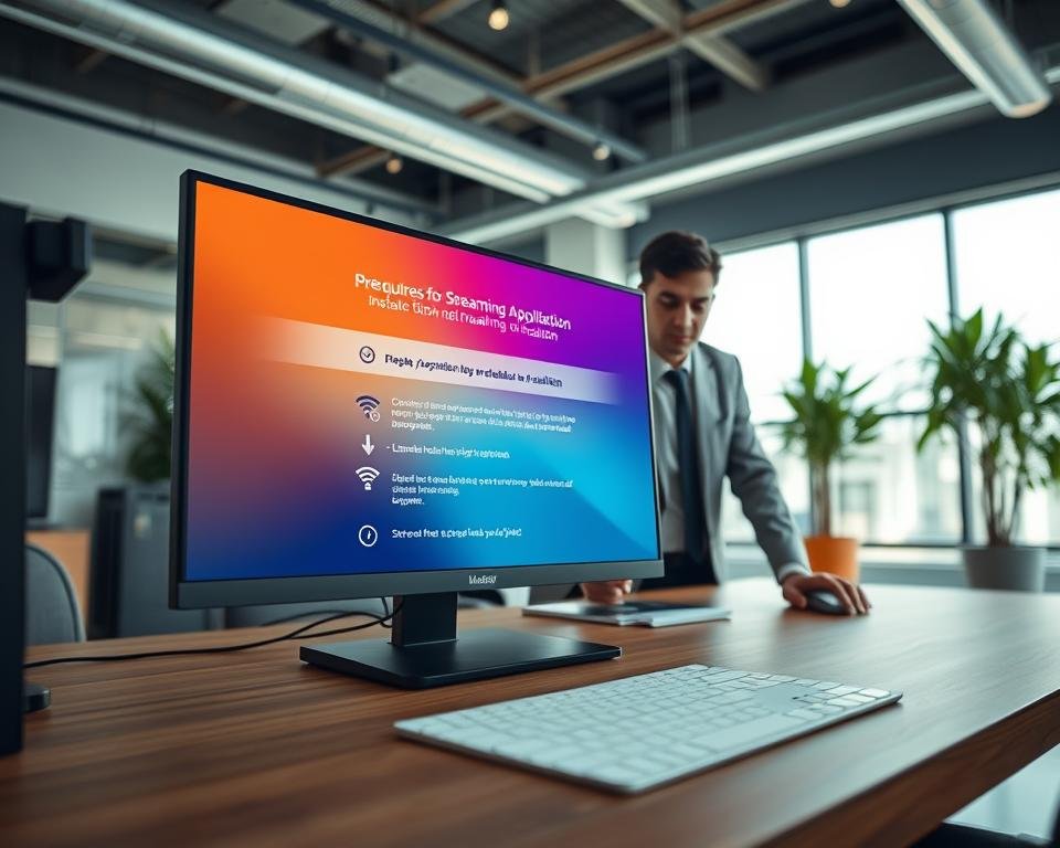A modern workspace featuring a sleek computer desk with a high-resolution monitor displaying a vibrant interface for an application setup. In the foreground, a neatly organized checklist outlines "Prerequisites for Streaming Application Installation" with symbols like Wi-Fi signals and download arrows. The middle ground showcases a professional individual in smart casual attire, focused on the computer screen, their hand poised over the mouse. The background reveals a bright, well-lit office environment with large windows letting in natural light, potted plants adding a touch of greenery. The atmosphere is dynamic yet calm, hinting at productivity and anticipation for a seamless streaming experience. The angle is slightly elevated, providing an overview of the entire scene. A modern workspace featuring a sleek computer desk with a high-resolution monitor displaying a vibrant interface for an application setup. In the foreground, a neatly organized checklist outlines "Prerequisites for Streaming Application Installation" with symbols like Wi-Fi signals and download arrows. The middle ground showcases a professional individual in smart casual attire, focused on the computer screen, their hand poised over the mouse. The background reveals a bright, well-lit office environment with large windows letting in natural light, potted plants adding a touch of greenery. The atmosphere is dynamic yet calm, hinting at productivity and anticipation for a seamless streaming experience. The angle is slightly elevated, providing an overview of the entire scene.
