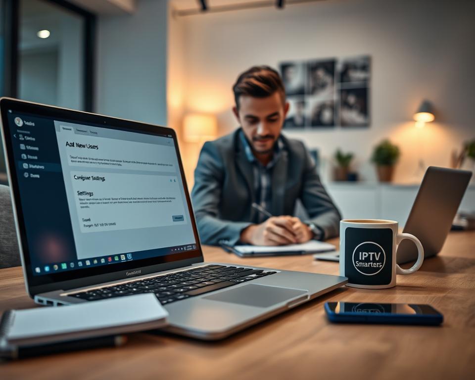 A modern workspace featuring a sleek laptop displaying the IPTV Smarters application during its initial setup process. In the foreground, focus on the laptop screen, which shows the configuration interface with settings options like "Add New User" and "Configure Settings." Surrounding the laptop are essential accessories: a notepad, a smartphone with the IPTV Smarters logo, and a cup of coffee. In the middle ground, an individual dressed in smart casual attire is attentively configuring the application, leaning slightly toward the laptop with a look of concentration. The background features a neatly arranged workspace with soft, warm lighting, creating an inviting atmosphere. The scene is viewed from a slightly elevated angle, highlighting both the laptop and the person engaged in the task, conveying professionalism and modernity. A modern workspace featuring a sleek laptop displaying the IPTV Smarters application during its initial setup process. In the foreground, focus on the laptop screen, which shows the configuration interface with settings options like "Add New User" and "Configure Settings." Surrounding the laptop are essential accessories: a notepad, a smartphone with the IPTV Smarters logo, and a cup of coffee. In the middle ground, an individual dressed in smart casual attire is attentively configuring the application, leaning slightly toward the laptop with a look of concentration. The background features a neatly arranged workspace with soft, warm lighting, creating an inviting atmosphere. The scene is viewed from a slightly elevated angle, highlighting both the laptop and the person engaged in the task, conveying professionalism and modernity.