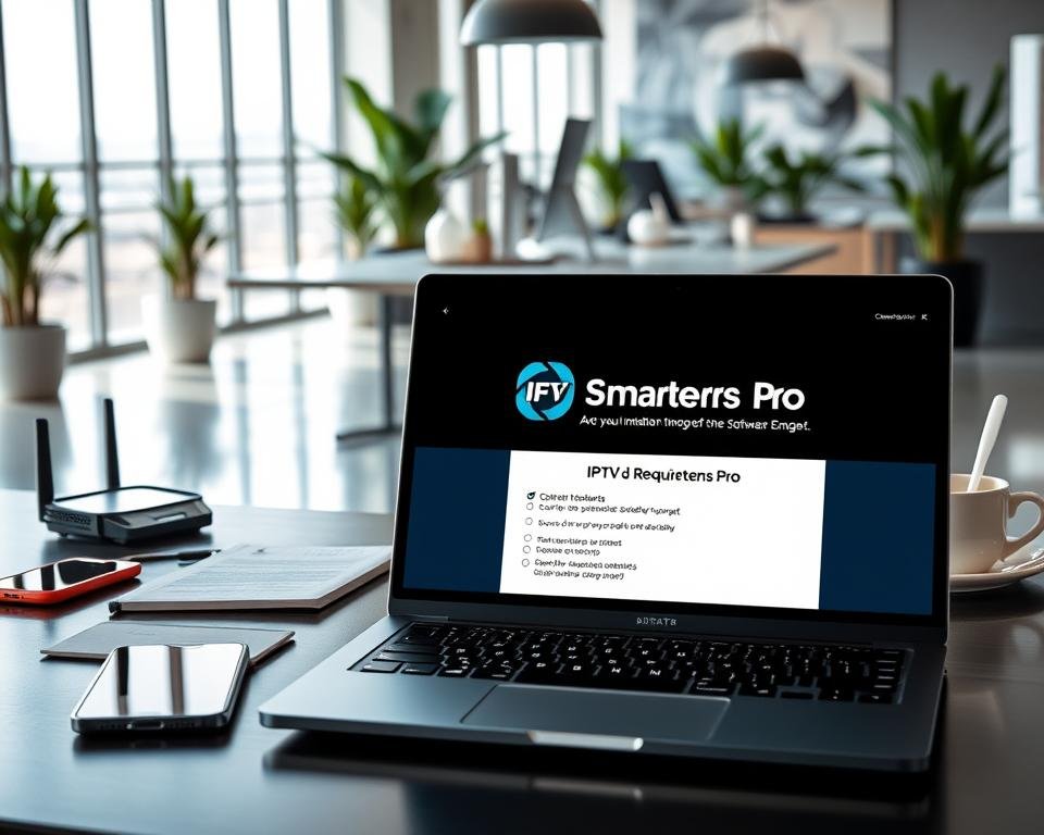 A modern workspace setup showcasing the prerequisites for installing IPTV Smarters Pro. In the foreground, a sleek laptop displaying the IPTV Smarters Pro installation interface, surrounded by essential accessories like a smartphone, tablet, and a Wi-Fi router, all reflecting a tech-savvy environment. In the middle ground, a stylish office desk adorned with notes, a checklist titled "System Requirements," and a cup of coffee. The background features a well-lit room with a contemporary design, large windows allowing natural light to flood in, and potted plants for a touch of greenery. The atmosphere is informative and focused, evoking a sense of readiness and professionalism. The image captures the essence of preparation and technology, perfect for a guide on software installation. A modern workspace setup showcasing the prerequisites for installing IPTV Smarters Pro. In the foreground, a sleek laptop displaying the IPTV Smarters Pro installation interface, surrounded by essential accessories like a smartphone, tablet, and a Wi-Fi router, all reflecting a tech-savvy environment. In the middle ground, a stylish office desk adorned with notes, a checklist titled "System Requirements," and a cup of coffee. The background features a well-lit room with a contemporary design, large windows allowing natural light to flood in, and potted plants for a touch of greenery. The atmosphere is informative and focused, evoking a sense of readiness and professionalism. The image captures the essence of preparation and technology, perfect for a guide on software installation.