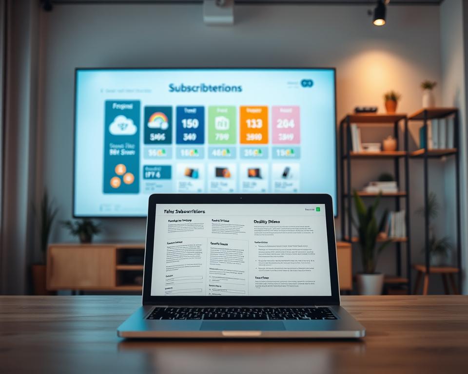 A modern workspace showcasing "television subscription plans" on a sleek digital screen prominently displayed in the foreground. The screen features visually engaging graphics that represent various subscription tiers, like icons or color-coded packages, keeping the design clean and professional. In the middle, an open laptop with sales charts and information, hinting at the quality IPTV services being offered. The background features a well-lit, contemporary office environment with minimalistic decor and soft-focus elements like shelves with tech-related books and plants, creating a warm yet professional atmosphere. Soft, diffused lighting enhances focus on the screen, with a slight angle capturing the workspace dynamic. The overall mood should convey professionalism and reliability, perfect for attracting potential customers seeking tailored subscription plans. A modern workspace showcasing "television subscription plans" on a sleek digital screen prominently displayed in the foreground. The screen features visually engaging graphics that represent various subscription tiers, like icons or color-coded packages, keeping the design clean and professional. In the middle, an open laptop with sales charts and information, hinting at the quality IPTV services being offered. The background features a well-lit, contemporary office environment with minimalistic decor and soft-focus elements like shelves with tech-related books and plants, creating a warm yet professional atmosphere. Soft, diffused lighting enhances focus on the screen, with a slight angle capturing the workspace dynamic. The overall mood should convey professionalism and reliability, perfect for attracting potential customers seeking tailored subscription plans.