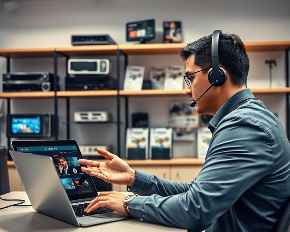 A professional IPTV support scene in a modern office environment, featuring a well-dressed technician in business attire, focused on a sleek laptop displaying the IPTV Smart Pro interface. In the foreground, the technician is engaged in a conversation, gesturing towards a digital tablet showcasing IPTV features. In the middle background, shelves lined with technical equipment, devices, and informative brochures about IPTV services create an authentic atmosphere. Soft, diffused lighting illuminates the scene, enhancing the clarity of details. The overall mood is one of professionalism and expertise, emphasizing the technical support offered for IPTV services. The angle is slightly angled from above, providing a comprehensive view of the technician's workspace and the tools used in IPTV troubleshooting. A professional IPTV support scene in a modern office environment, featuring a well-dressed technician in business attire, focused on a sleek laptop displaying the IPTV Smart Pro interface. In the foreground, the technician is engaged in a conversation, gesturing towards a digital tablet showcasing IPTV features. In the middle background, shelves lined with technical equipment, devices, and informative brochures about IPTV services create an authentic atmosphere. Soft, diffused lighting illuminates the scene, enhancing the clarity of details. The overall mood is one of professionalism and expertise, emphasizing the technical support offered for IPTV services. The angle is slightly angled from above, providing a comprehensive view of the technician's workspace and the tools used in IPTV troubleshooting.