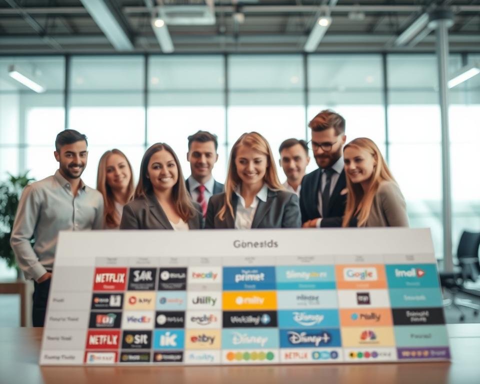 A professional and informative comparison of IPTV providers in France. In the foreground, display a well-organized table or chart with colorful icons representing different streaming services like Netflix, Amazon Prime, and Disney+. The middle layer showcases a diverse group of people dressed in smart casual business attire, analyzing the chart with expressions of focus and curiosity. In the background, a modern office setting with large windows letting in natural light, creating a bright and inviting atmosphere. Use soft lighting to highlight the individuals and the chart, and ensure a clear depth of field that emphasizes the comparison while keeping the backdrop slightly blurred. The overall mood conveys professionalism and clarity in making informed choices about IPTV services. A professional and informative comparison of IPTV providers in France. In the foreground, display a well-organized table or chart with colorful icons representing different streaming services like Netflix, Amazon Prime, and Disney+. The middle layer showcases a diverse group of people dressed in smart casual business attire, analyzing the chart with expressions of focus and curiosity. In the background, a modern office setting with large windows letting in natural light, creating a bright and inviting atmosphere. Use soft lighting to highlight the individuals and the chart, and ensure a clear depth of field that emphasizes the comparison while keeping the backdrop slightly blurred. The overall mood conveys professionalism and clarity in making informed choices about IPTV services.