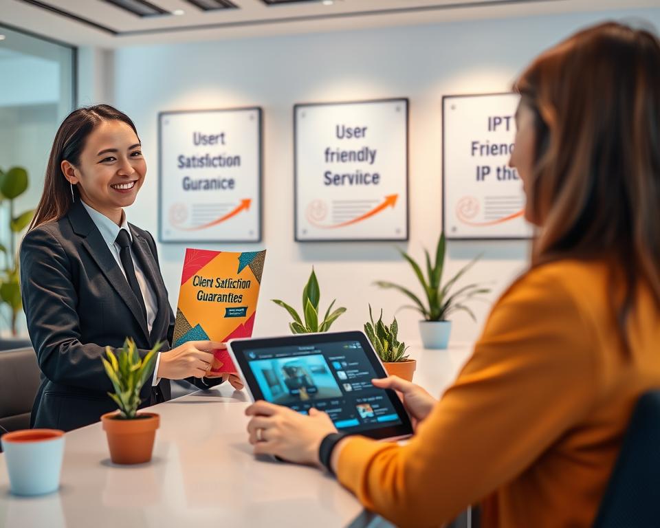 A professional and inviting customer service scene depicting a friendly customer service representative in a smart business outfit, engaged in a conversation with a satisfied customer seated at a modern reception desk. In the foreground, the representative is smiling, gesturing towards a colorful brochure labeled “Client Satisfaction Guarantee.” In the middle, the desk is adorned with plants and a digital tablet displaying user-friendly IPTV interface. The background features a bright, professional office environment, with softly lit interiors and motivational posters on the walls emphasizing service excellence. The overall mood is warm and reassuring, promoting trust and satisfaction in IPTV services, captured from an eye-level angle to foster connection and engagement. A professional and inviting customer service scene depicting a friendly customer service representative in a smart business outfit, engaged in a conversation with a satisfied customer seated at a modern reception desk. In the foreground, the representative is smiling, gesturing towards a colorful brochure labeled “Client Satisfaction Guarantee.” In the middle, the desk is adorned with plants and a digital tablet displaying user-friendly IPTV interface. The background features a bright, professional office environment, with softly lit interiors and motivational posters on the walls emphasizing service excellence. The overall mood is warm and reassuring, promoting trust and satisfaction in IPTV services, captured from an eye-level angle to foster connection and engagement.