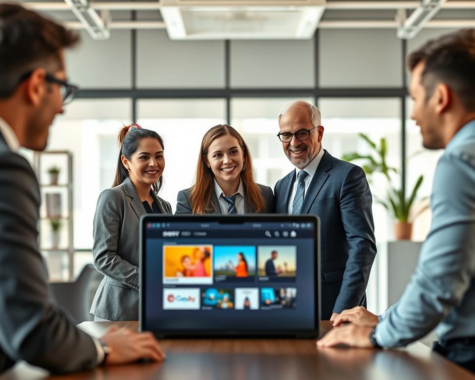 A professional and inviting digital workspace that showcases user testimonials for Smarters IPTV Pro. Foreground features diverse individuals, two to three men and women in professional business attire, engaged in a discussion around a sleek laptop displaying Smarters IPTV interface. The middle ground highlights a modern, bright office with large windows illuminating the space. Background contains blurred shelves with technology books and decorative plants, creating a vibrant yet professional atmosphere. The scene is well-lit, with natural sunlight streaming in, suggesting a positive and engaging mood. Capture the essence of collaboration and satisfaction, with expressions of enthusiasm and interest on users’ faces, emphasizing their memorable experiences with the service. A professional and inviting digital workspace that showcases user testimonials for Smarters IPTV Pro. Foreground features diverse individuals, two to three men and women in professional business attire, engaged in a discussion around a sleek laptop displaying Smarters IPTV interface. The middle ground highlights a modern, bright office with large windows illuminating the space. Background contains blurred shelves with technology books and decorative plants, creating a vibrant yet professional atmosphere. The scene is well-lit, with natural sunlight streaming in, suggesting a positive and engaging mood. Capture the essence of collaboration and satisfaction, with expressions of enthusiasm and interest on users’ faces, emphasizing their memorable experiences with the service.