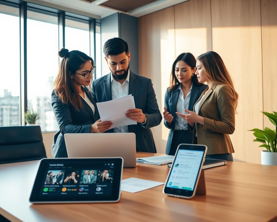 A professional and modern office scene showcasing a simple IPTV subscription process. In the foreground, a diverse group of three people dressed in smart business attire, including a man and two women, carefully reviewing an online form on a laptop together, appearing engaged and collaborative. The middle ground features a sleek, modern desk with documents, a tablet displaying streaming content options, and a smartphone displaying notifications about subscription plans. The background includes a large window allowing natural light to fill the room, casting soft shadows. The atmosphere is focused and productive, conveying a sense of ease and accessibility in the IPTV subscription process, with a warm color palette to create an inviting environment. Use a wide-angle lens to capture the entire scene clearly. A professional and modern office scene showcasing a simple IPTV subscription process. In the foreground, a diverse group of three people dressed in smart business attire, including a man and two women, carefully reviewing an online form on a laptop together, appearing engaged and collaborative. The middle ground features a sleek, modern desk with documents, a tablet displaying streaming content options, and a smartphone displaying notifications about subscription plans. The background includes a large window allowing natural light to fill the room, casting soft shadows. The atmosphere is focused and productive, conveying a sense of ease and accessibility in the IPTV subscription process, with a warm color palette to create an inviting environment. Use a wide-angle lens to capture the entire scene clearly.